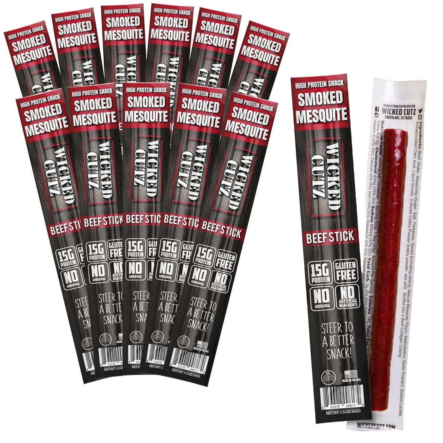 Mesquite Smoked Beef Jerky Sticks - Tender, High Protein, Low Carb, Gluten Free (12 Pack, Extra Large)
