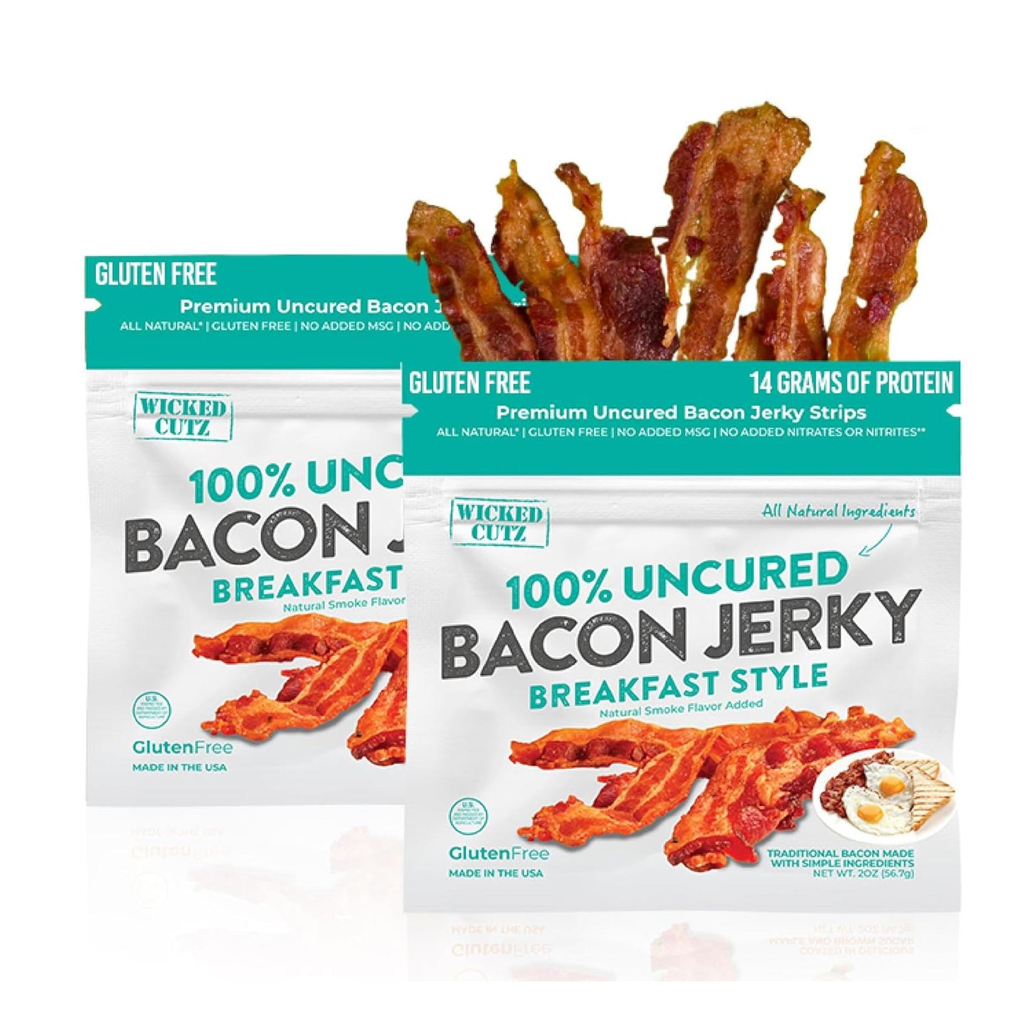 Breakfast Bacon Jerky, Tender & Gluten-Free, 14g Protein, Low Calorie (2 Bags)