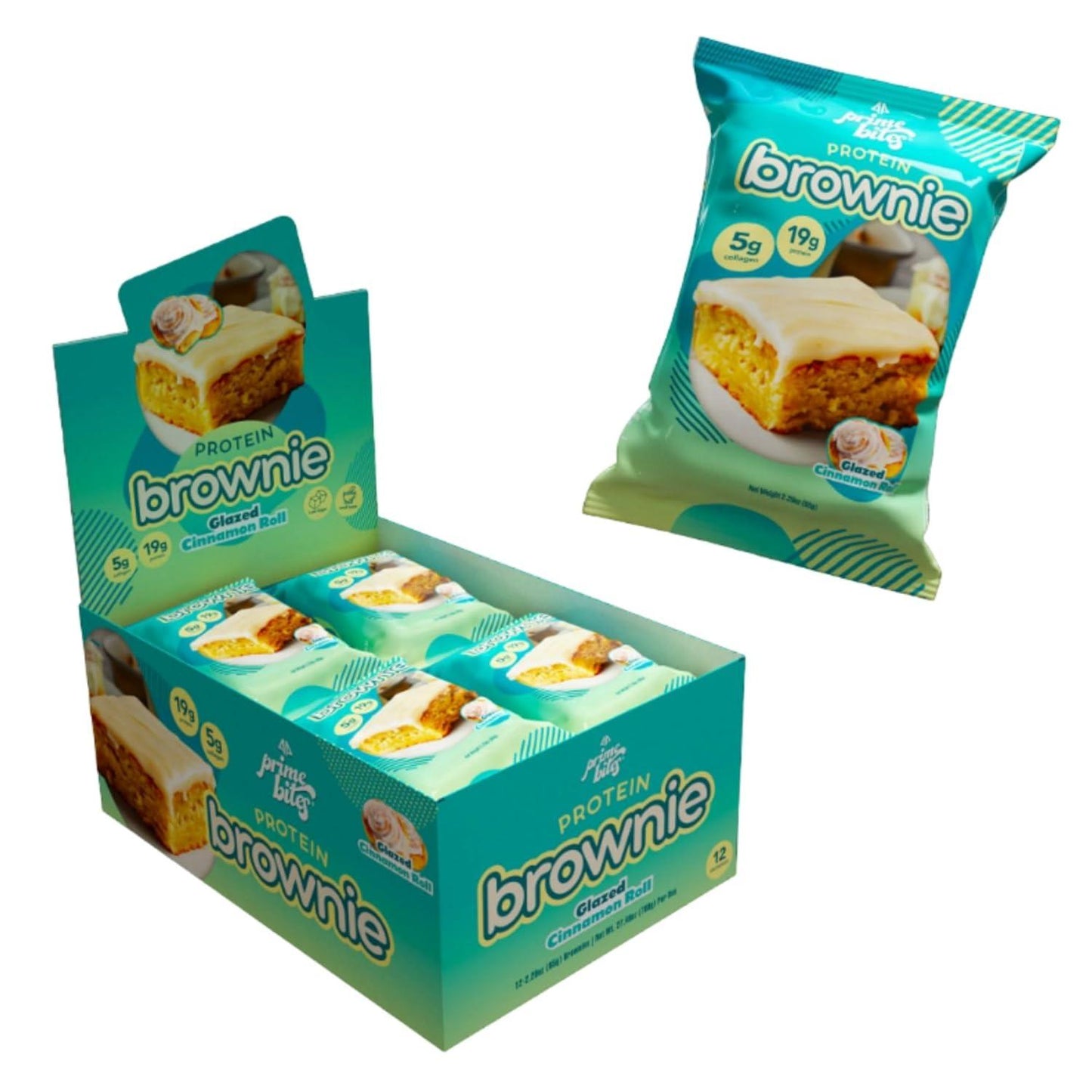 Prime Bites Protein Brownie - High Protein, Low Sugar (12 Bars, Glazed Cinnamon Roll)