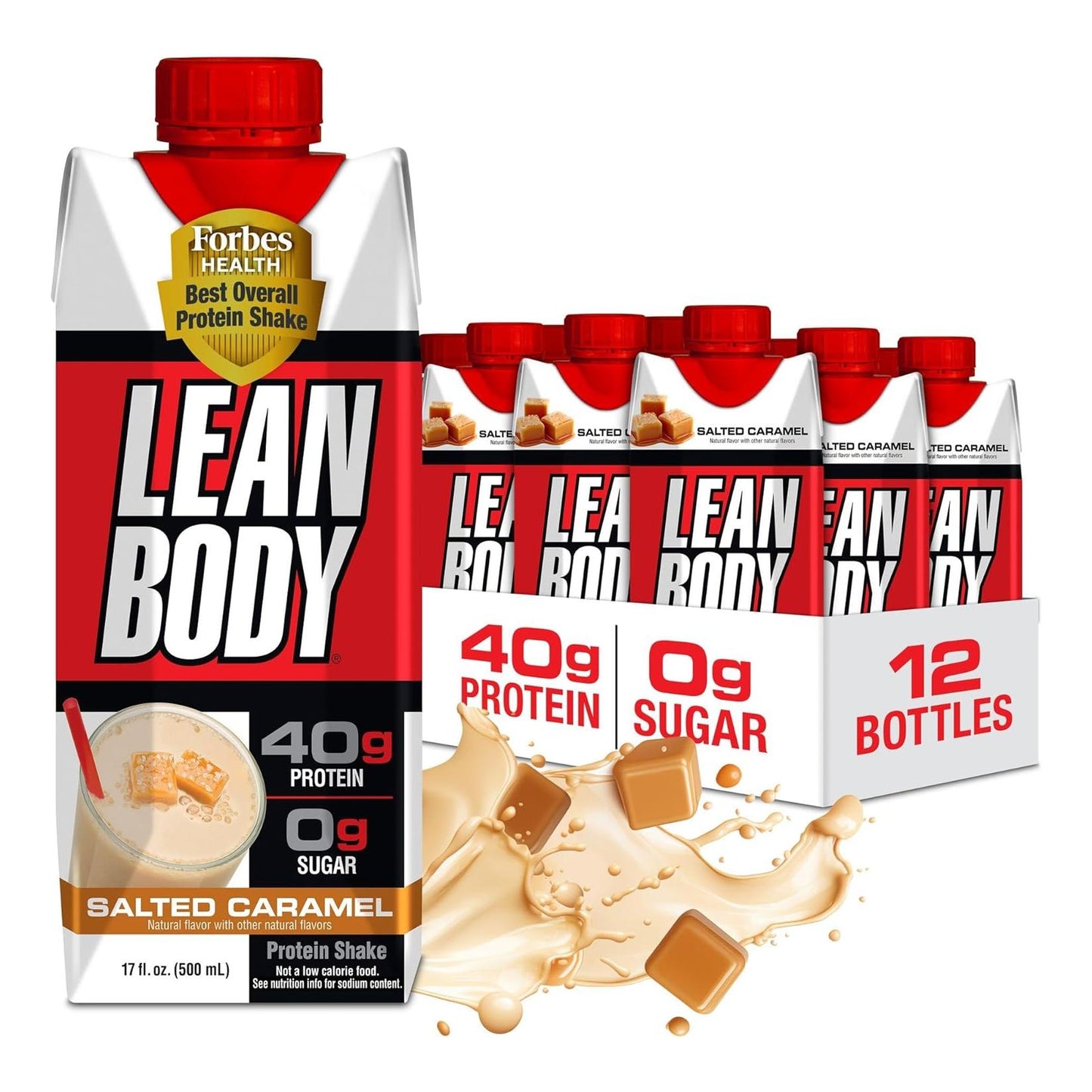 Salted Caramel Lean Body Protein Shake, 0 Sugar, Gluten Free (40g, 17oz, Pack of 12)