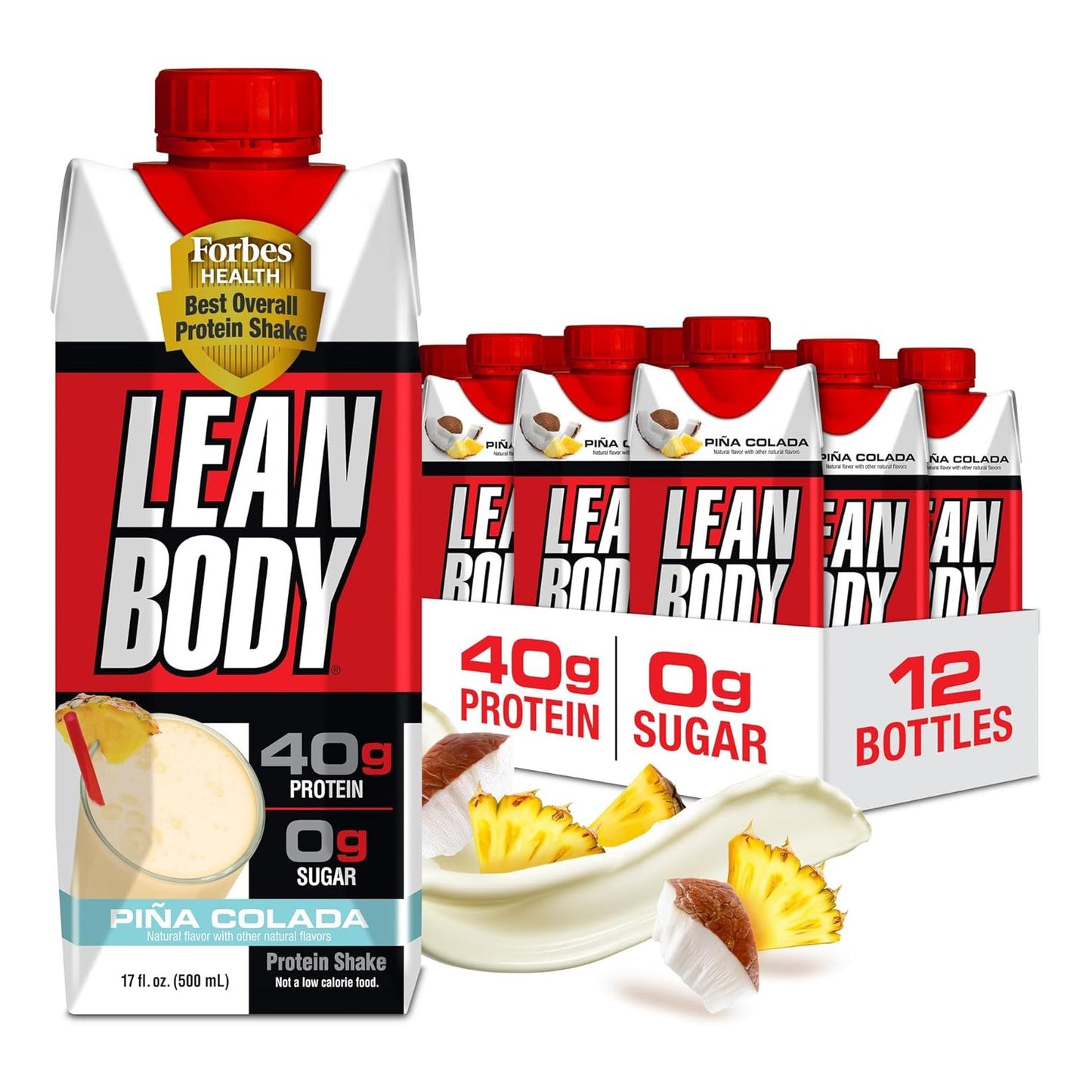 Pina Colada Lean Body Protein Shake, 0 Sugar, Gluten Free (40g, 17oz, Pack of 12)