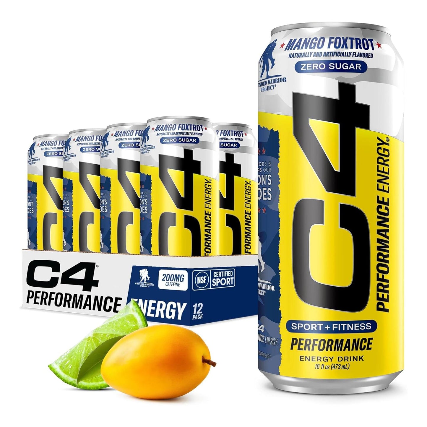 Cellucor C4 Mango Foxtrot Energy Drink, Zero Sugar, 200mg Caffeine (16oz, 12 Pack)