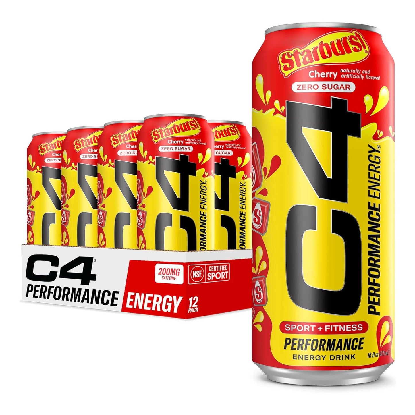Cellucor C4 Starburst Cherry Energy Drink, Zero Sugar, 200mg Caffeine (16 Fl Oz, 12 Pack)
