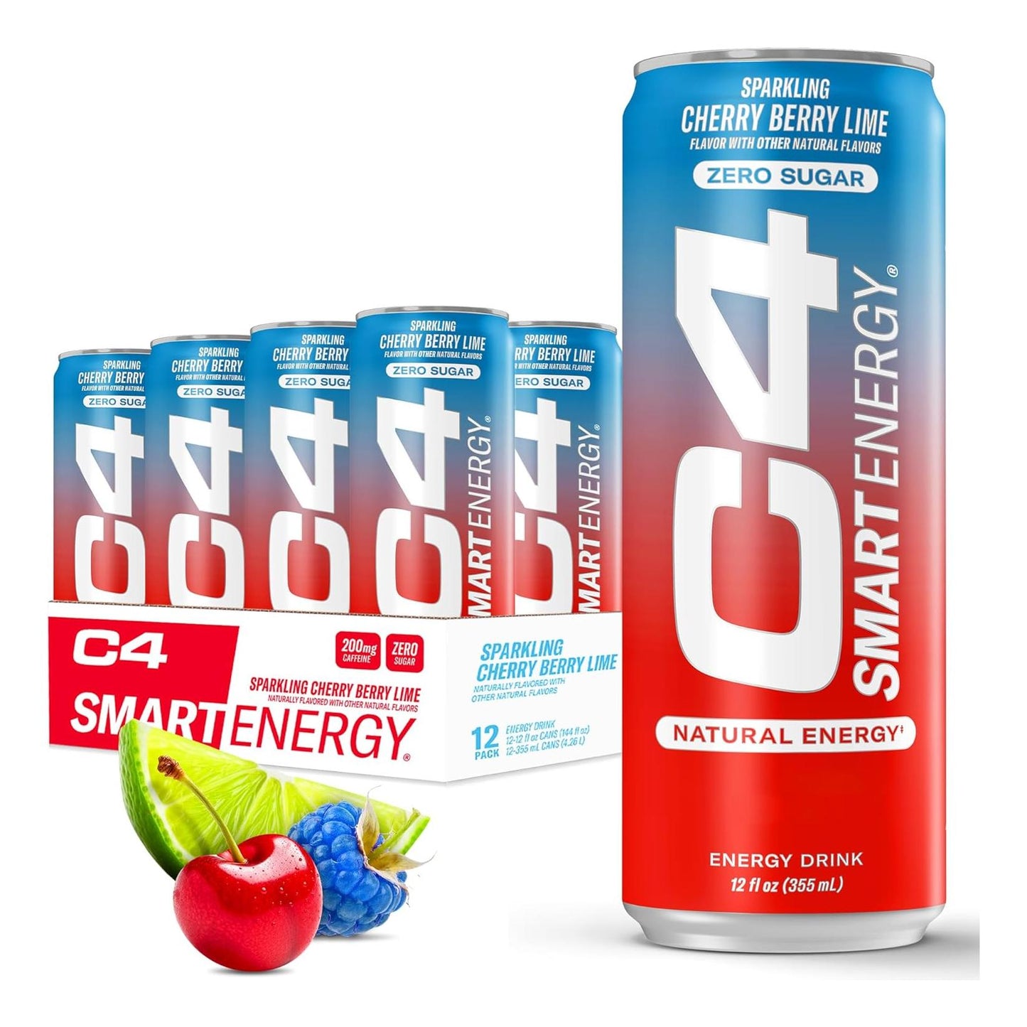 Cellucor C4 Smart Energy Drink, Cherry Berry Lime - Focus & Energy Boost, Zero Sugar (12oz, Pack of 12)