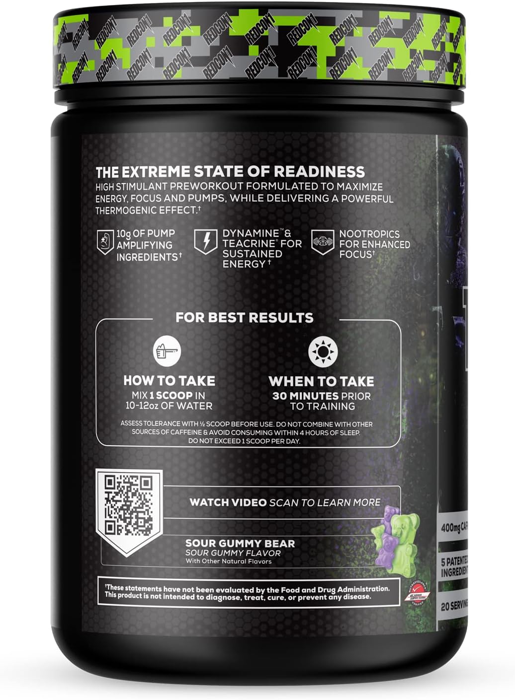 REDCON1 Total War Black Ops Preworkout, Sour Gummy Bear, 400mg Caffeine (20 Servings)