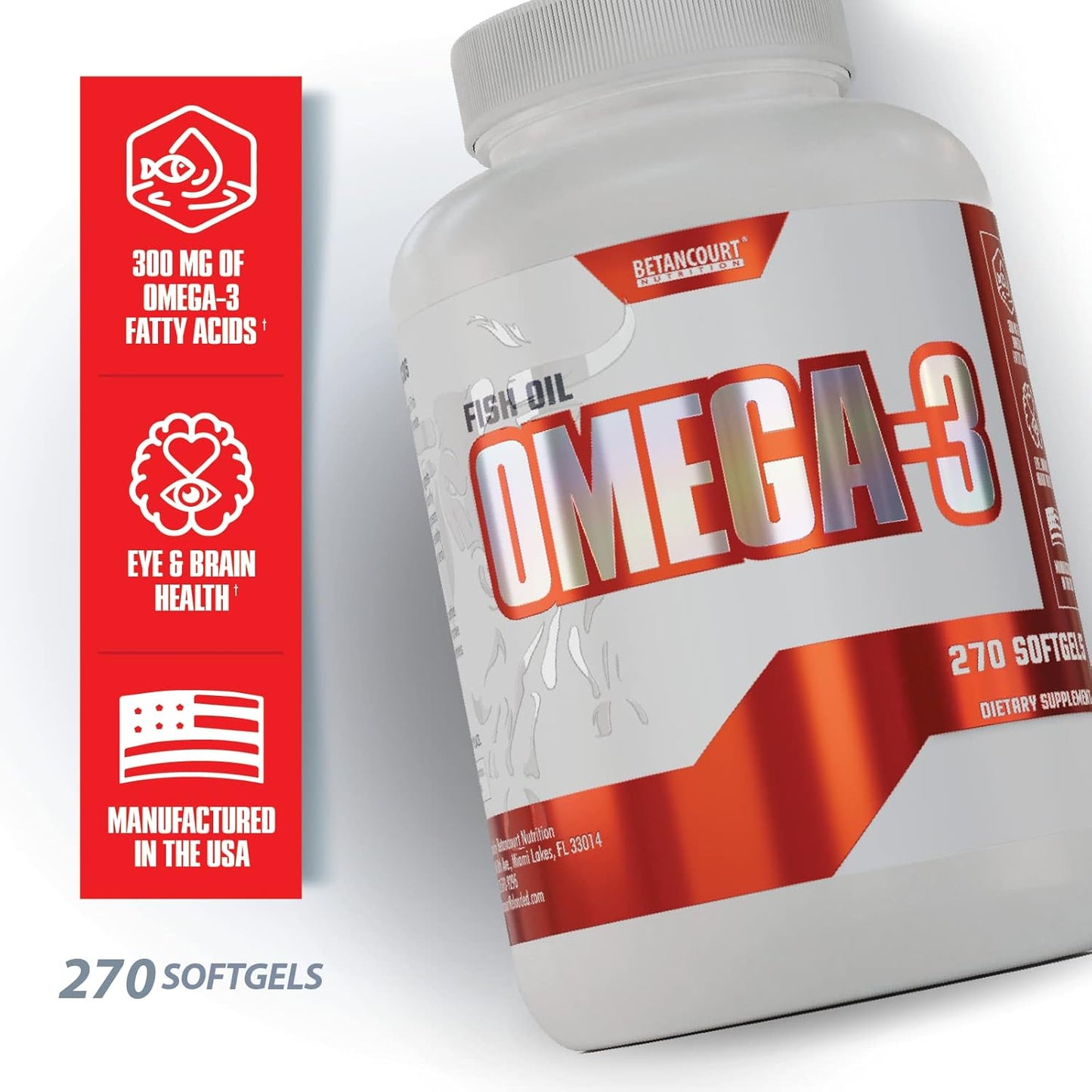 Betancourt Omega-3 Fish Oil, 300mg EPA+DHA, Heart & Brain Support (270 Softgels)