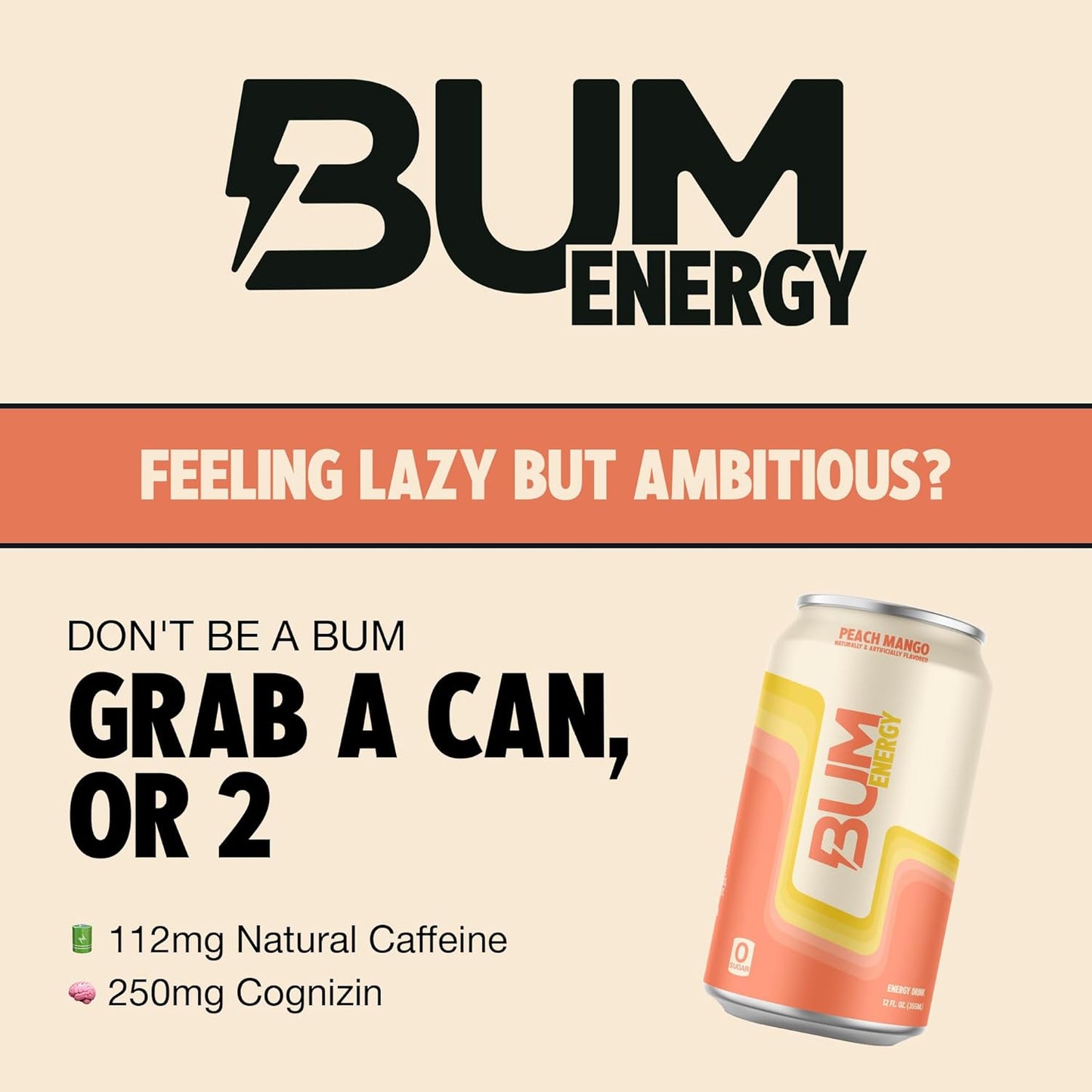 BUM Peach Mango Sugar-Free Energy Drink (12 oz, Pack of 12)