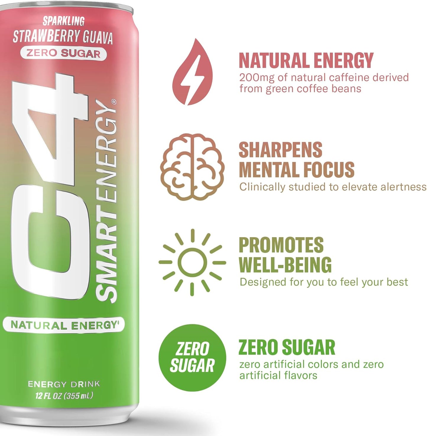 Cellucor C4 Smart Energy Drink, Sugar-Free & Nootropic, Strawberry Guava (12 Oz, 12 Pack)