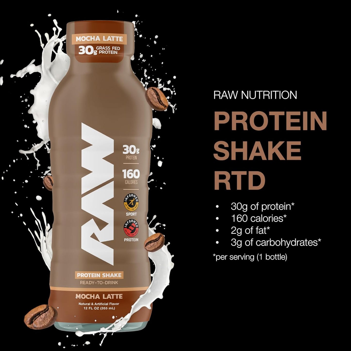 RAW Mocha Latte Protein Shake, Grass-Fed Whey, Zero-Sugar, Gluten-Free (12oz)