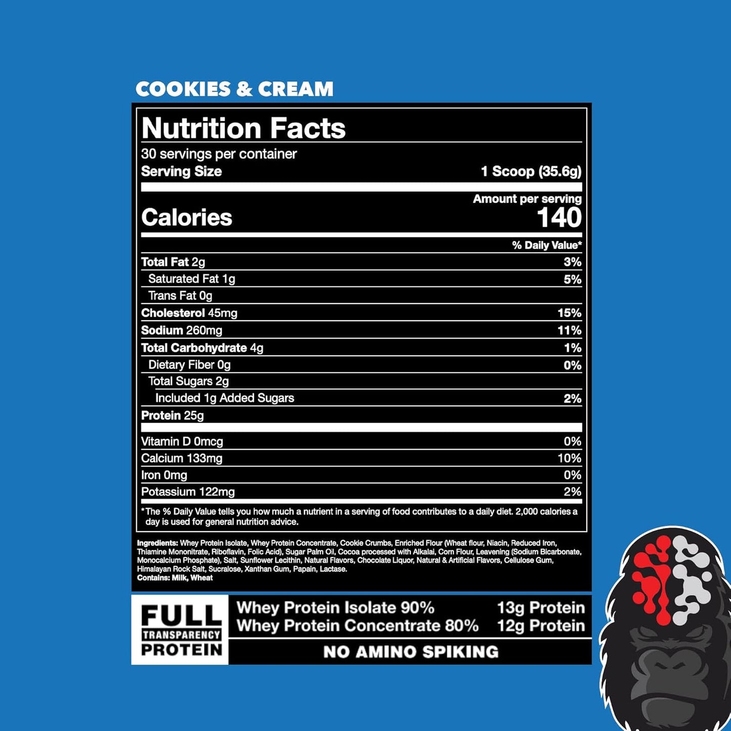 Gorilla Mode Cookies & Cream Whey Protein (30 Servings, 25g Protein)