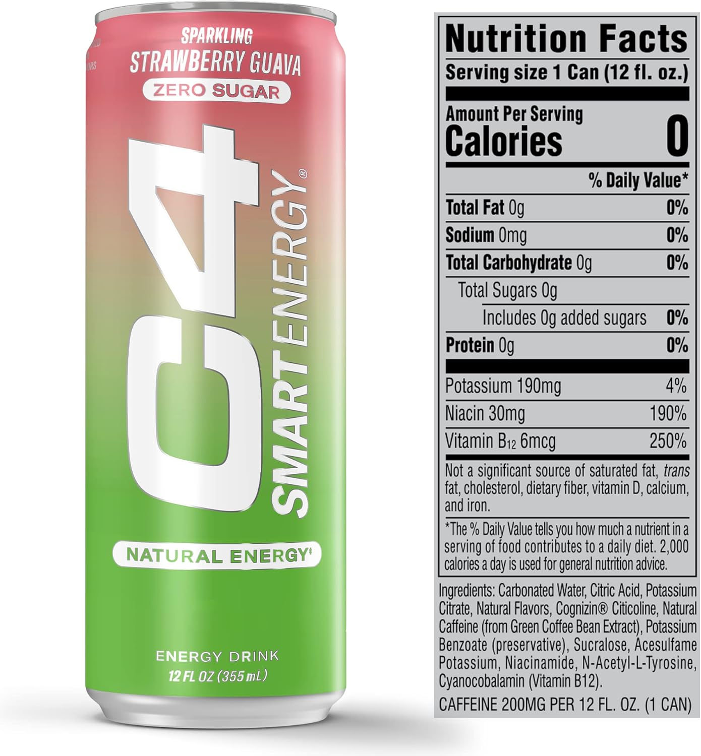 Cellucor C4 Smart Energy Drink, Sugar-Free & Nootropic, Strawberry Guava (12 Oz, 12 Pack)