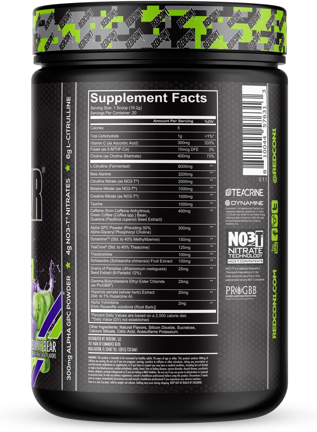 REDCON1 Total War Black Ops Preworkout, Sour Gummy Bear, 400mg Caffeine (20 Servings)