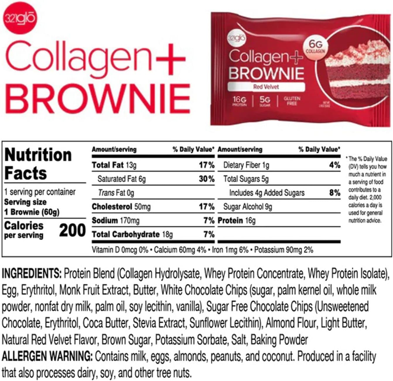 321glo Collagen Protein Brownie - Gluten Free Keto Snack (12 Pack, Red Velvet)