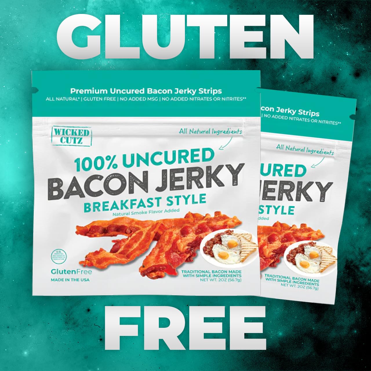 Breakfast Bacon Jerky, Tender & Gluten-Free, 14g Protein, Low Calorie (2 Bags)