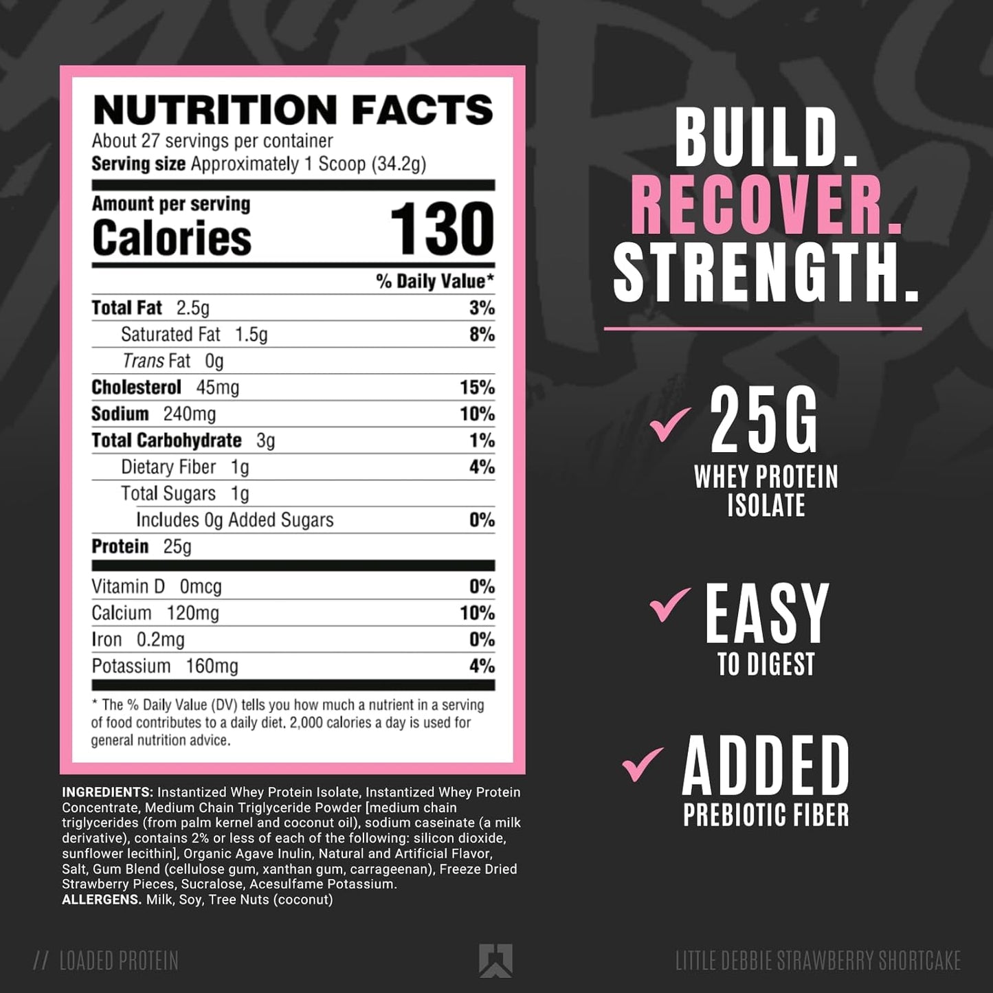 Ryse Loaded Protein Powder, 25g Whey, Prebiotics & MCTs (Strawberry, 27 Servings)