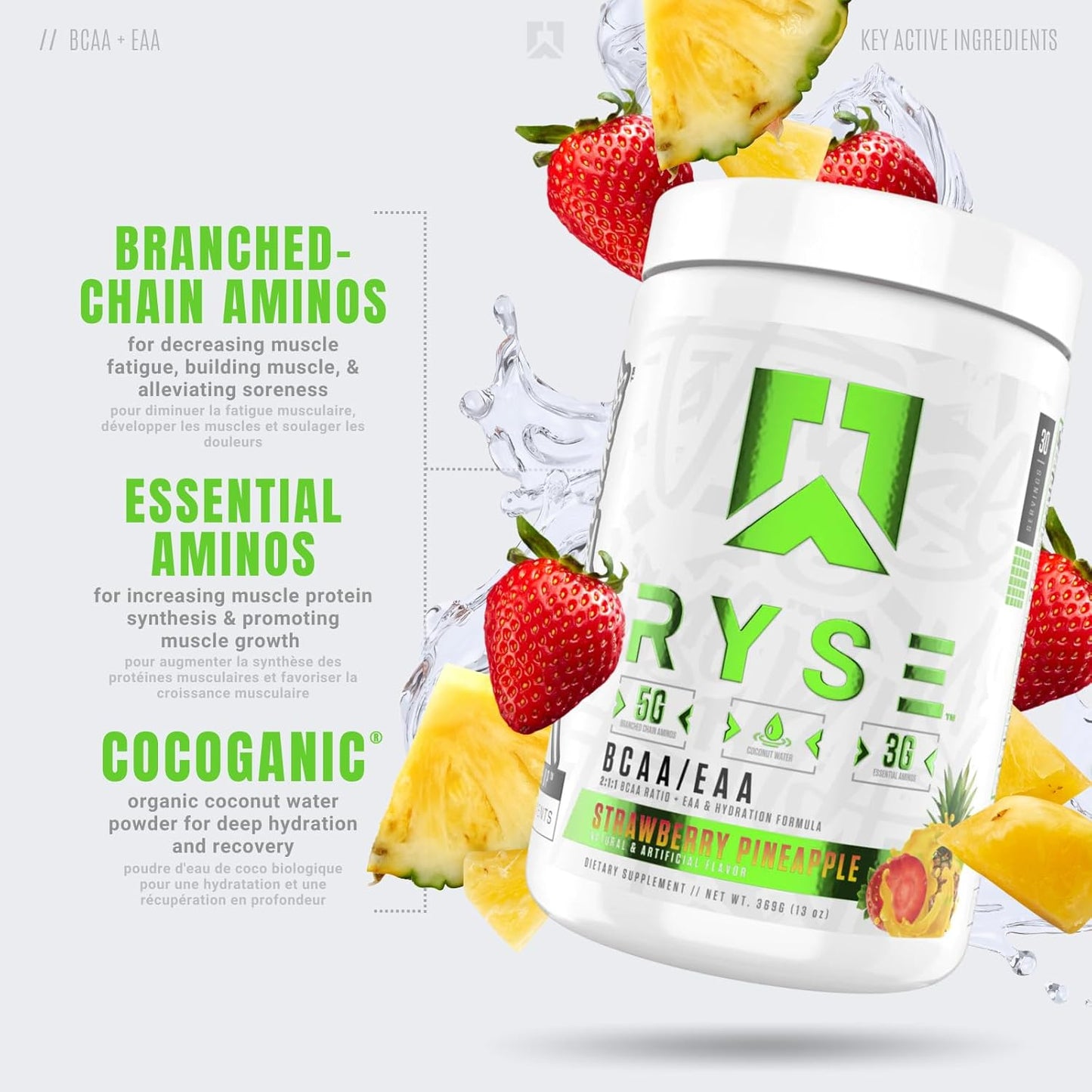 RYSE Up Core Series BCAA+EAA for Recovery & Hydration (30 Servings, Strawberry Pineapple)