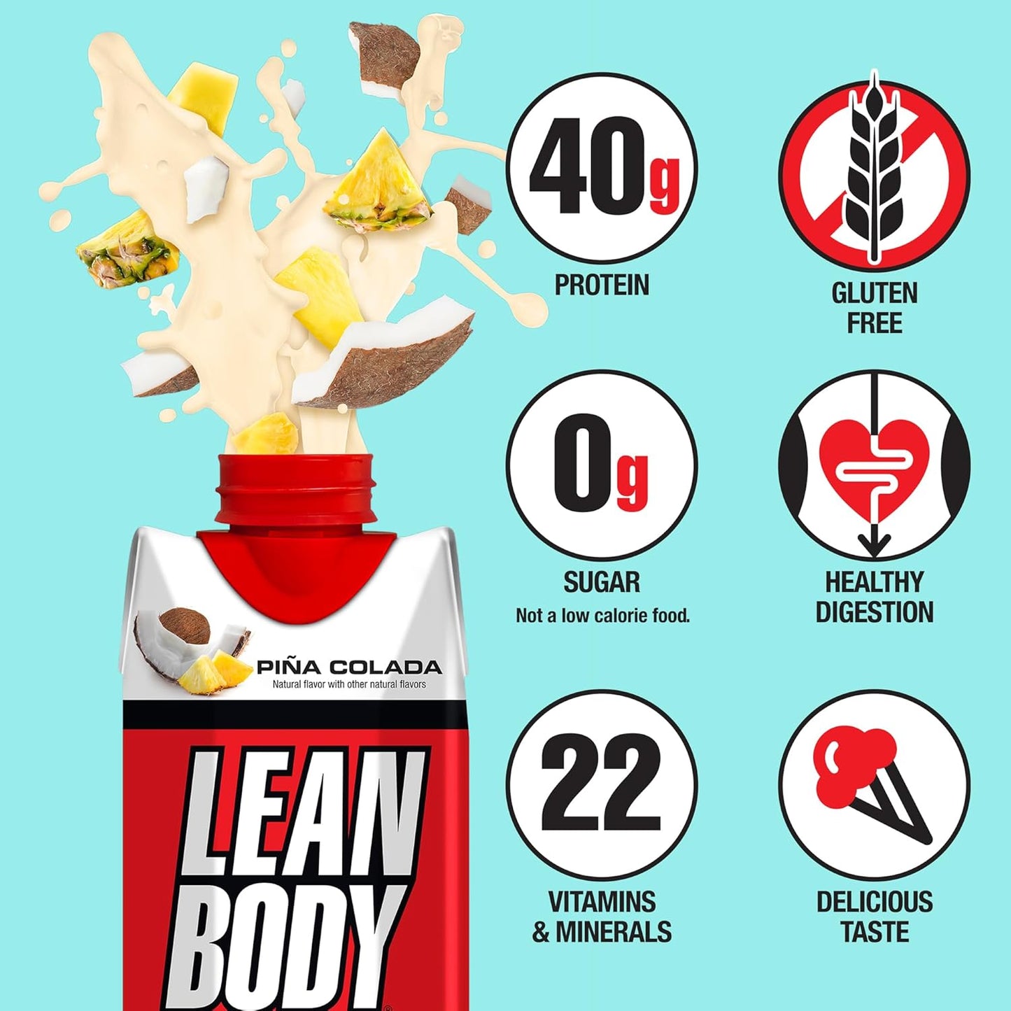 Pina Colada Lean Body Protein Shake, 0 Sugar, Gluten Free (40g, 17oz, Pack of 12)