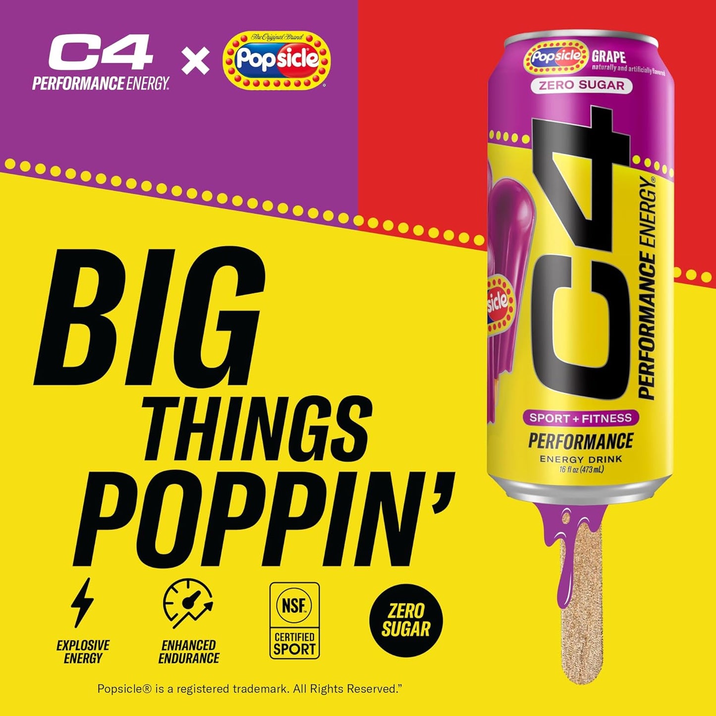 Cellucor C4 POPSICLE Grape Energy Drink, Sugar-Free Pre-Workout (16 Oz, Pack of 12)
