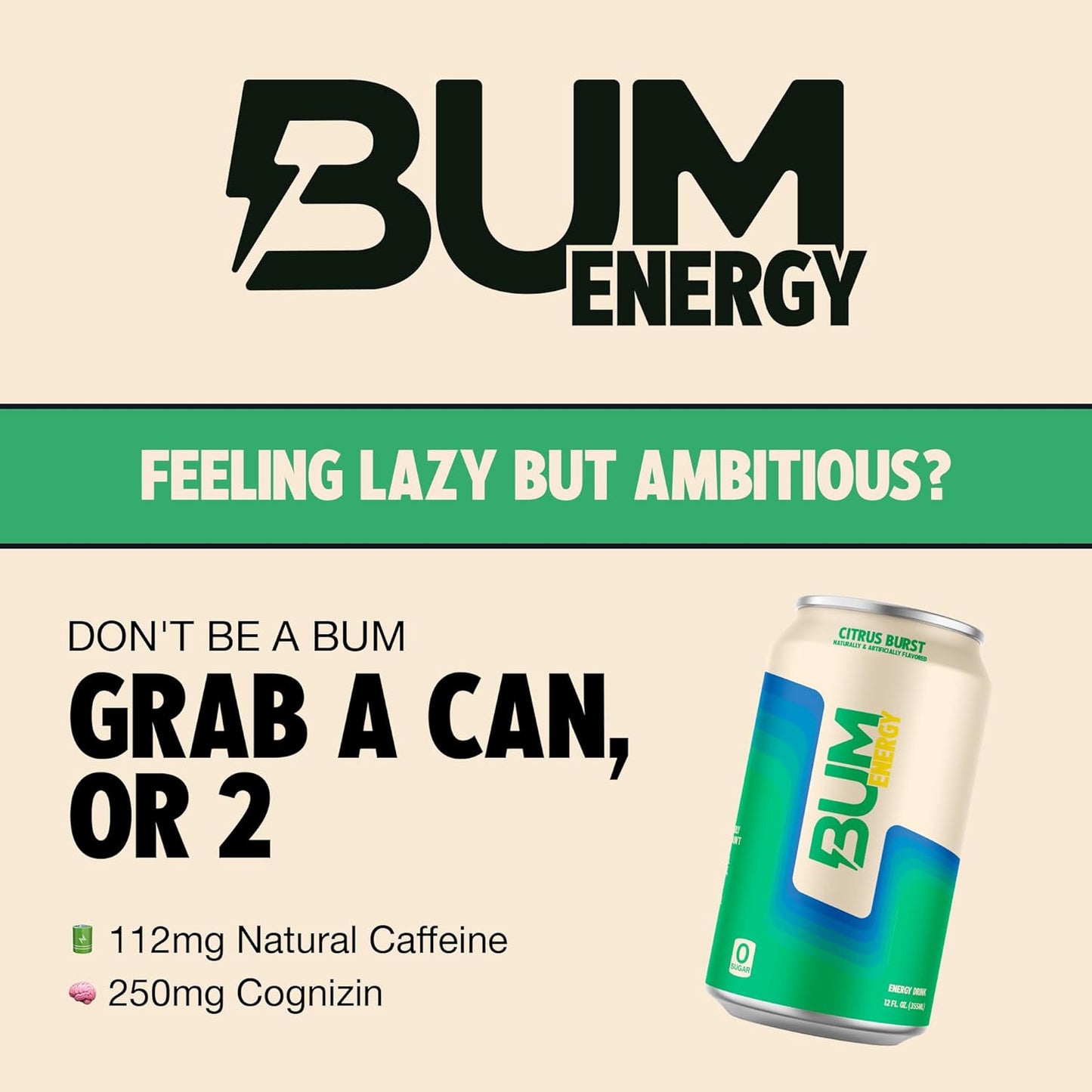 BUM Citrus Burst Sugar-Free Energy Drink (12 oz, Pack of 12)