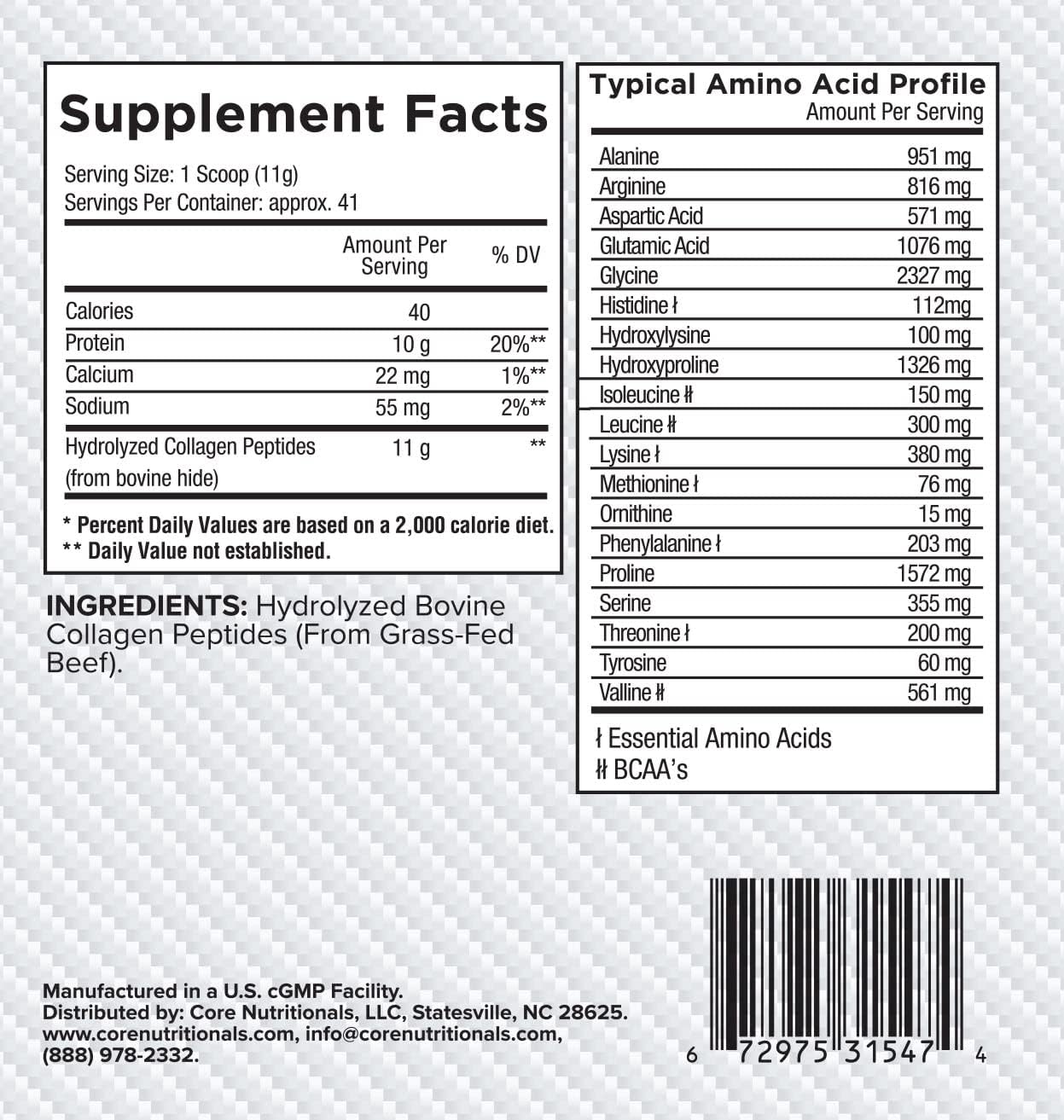 Core Nutritionals Grass-Fed Collagen Peptides, Joint & Skin Support (Chocolate, 1 lb)