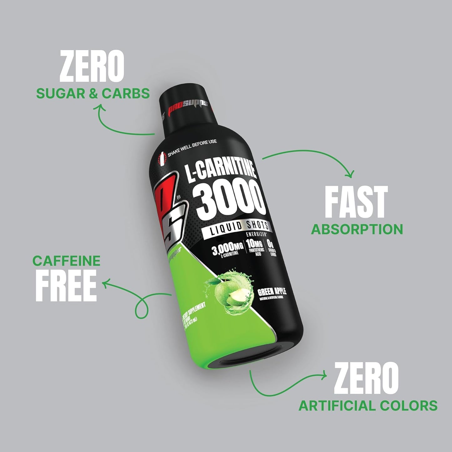 ProSupps L-Carnitine 3000 Liquid Shots for Performance & Recovery (31 Servings, Green Apple)