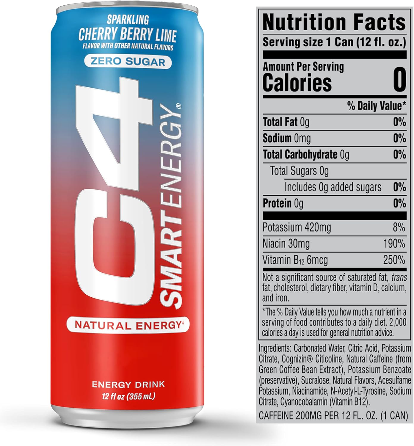 Cellucor C4 Smart Energy Drink, Cherry Berry Lime - Focus & Energy Boost, Zero Sugar (12oz, Pack of 12)