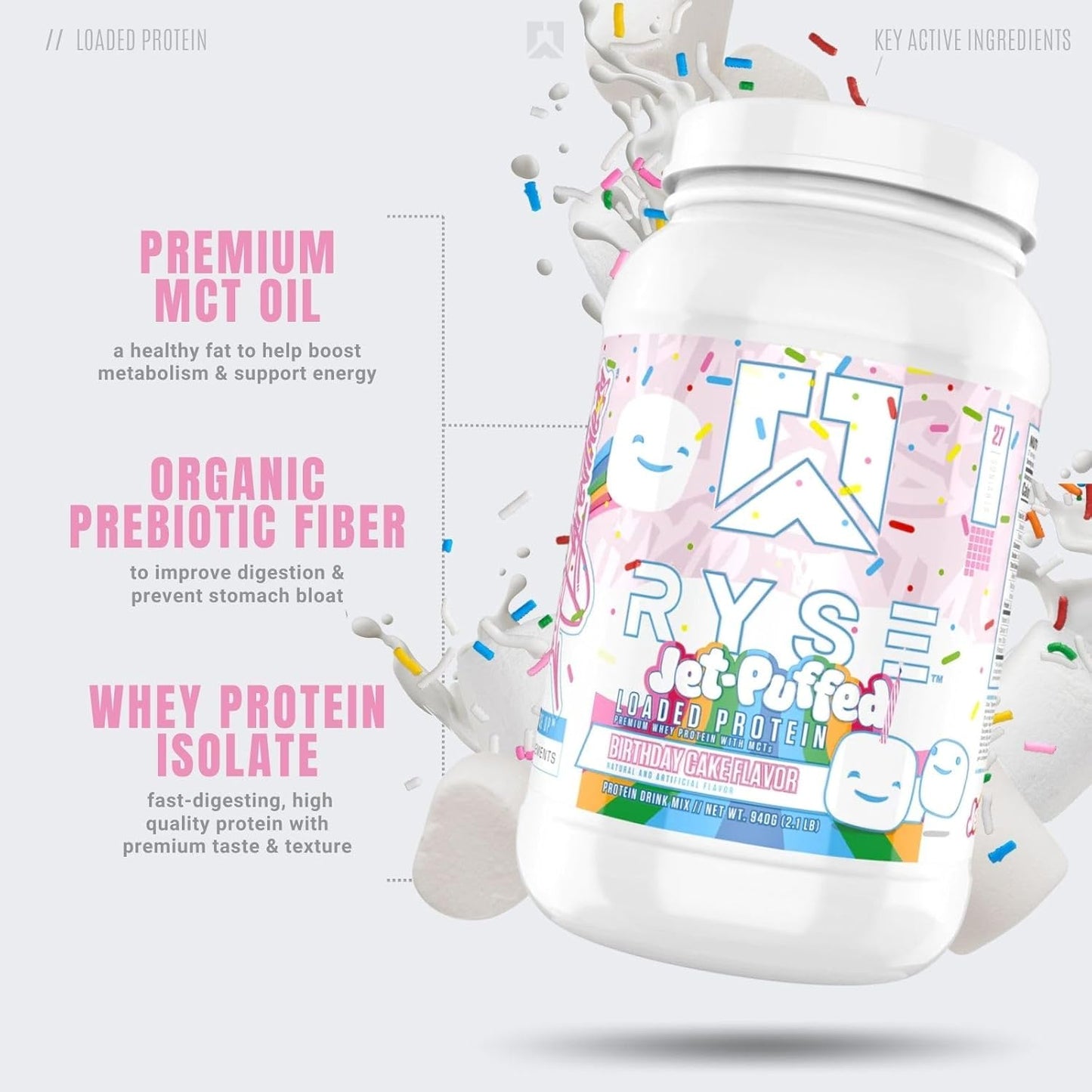 Ryse Loaded Protein Powder, 25g Whey, Prebiotics & MCTs (Birthday Cake, 27 Servings)