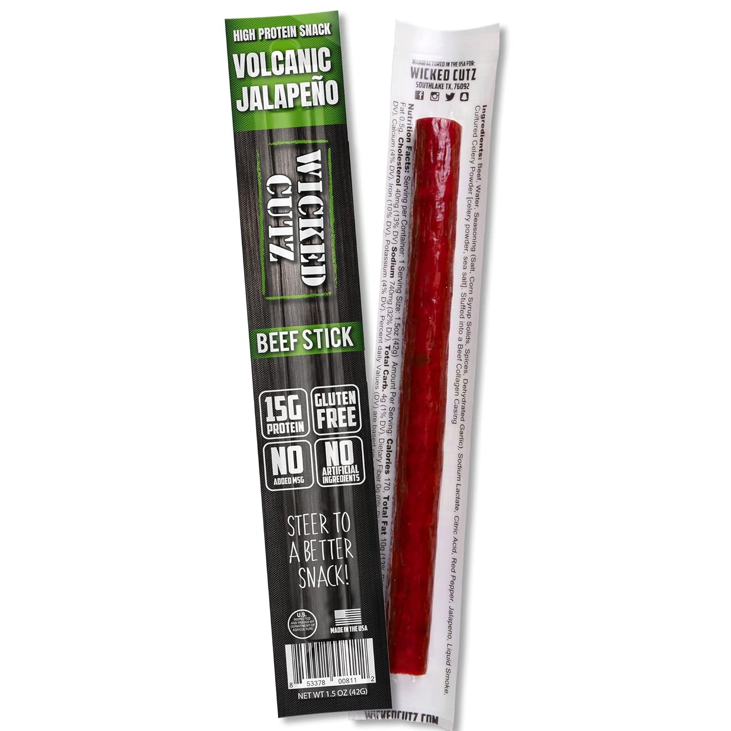 Spicy Volcanic Jalapeno Beef Sticks - High Protein, Gluten Free (12 Sticks)