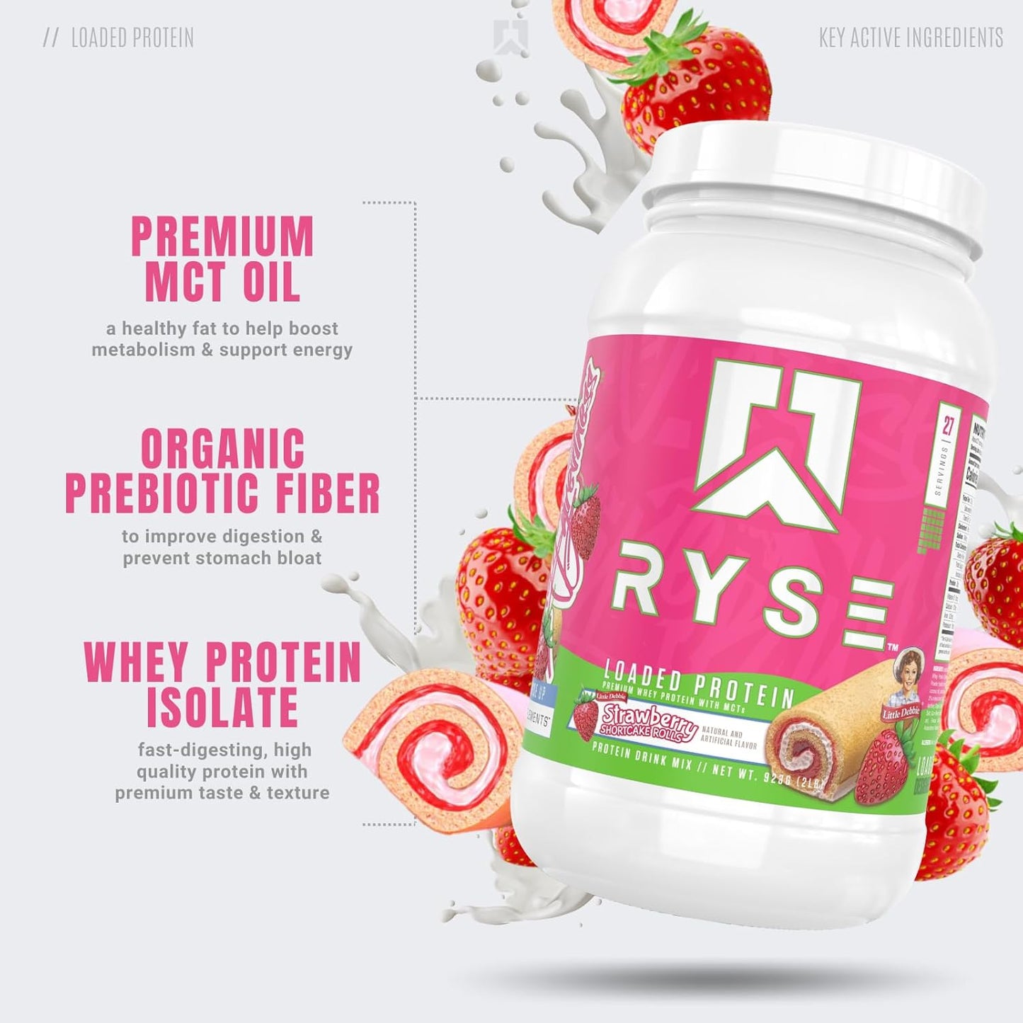 Ryse Loaded Protein Powder, 25g Whey, Prebiotics & MCTs (Strawberry, 27 Servings)