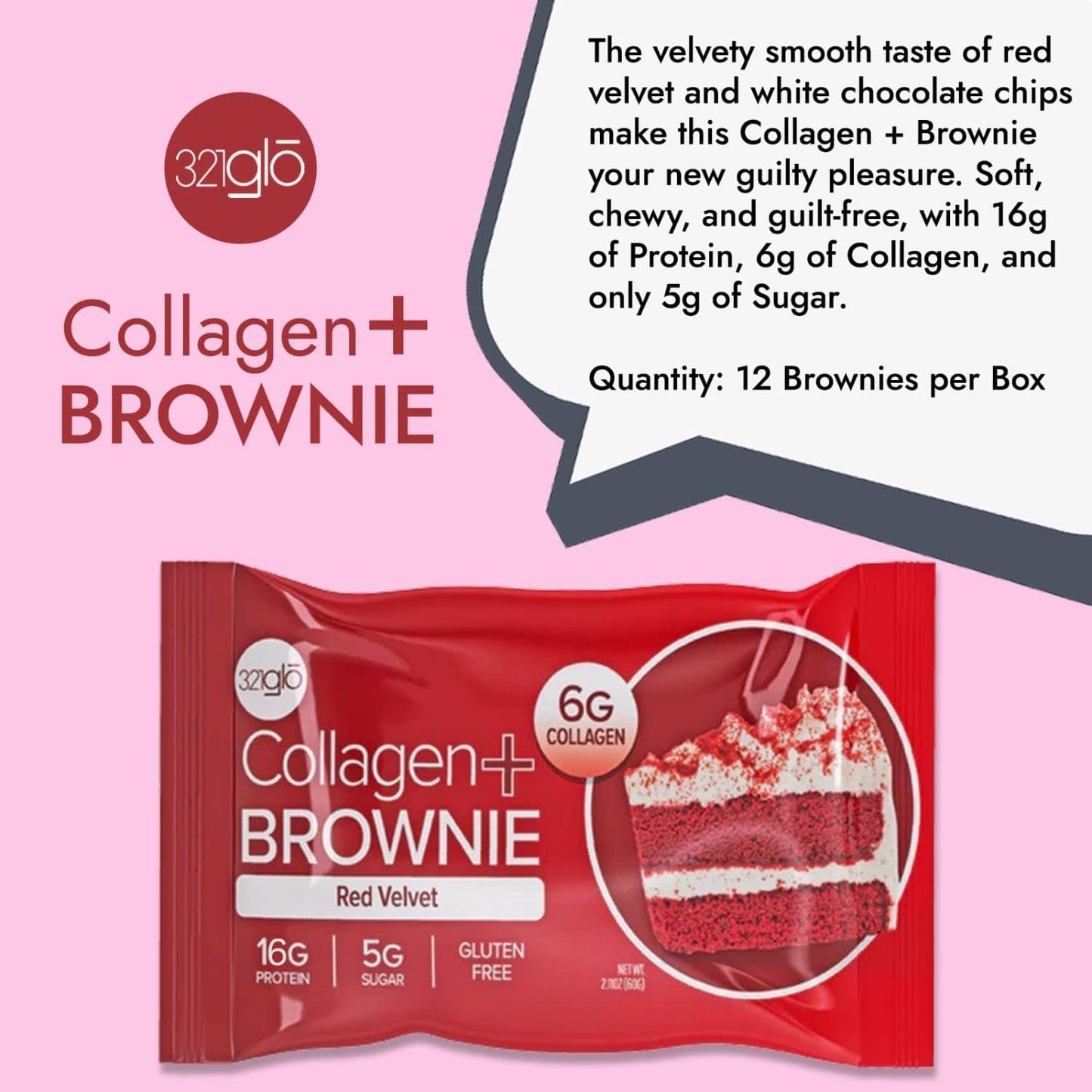 321glo Collagen Protein Brownie - Gluten Free Keto Snack (12 Pack, Red Velvet)