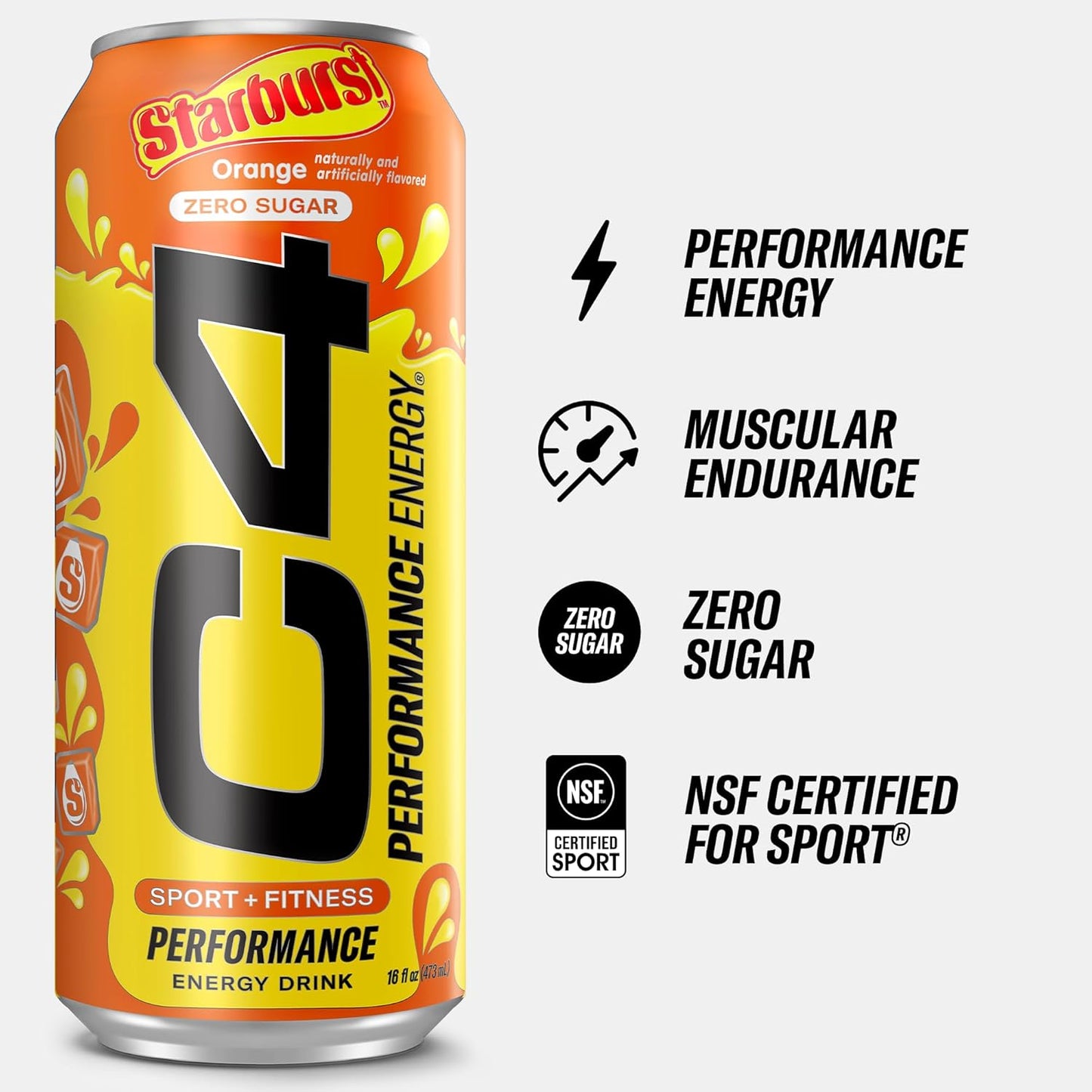 Cellucor C4 Starburst Orange Energy Drink, Zero Sugar, 200mg Caffeine (16oz, 12 Pack)