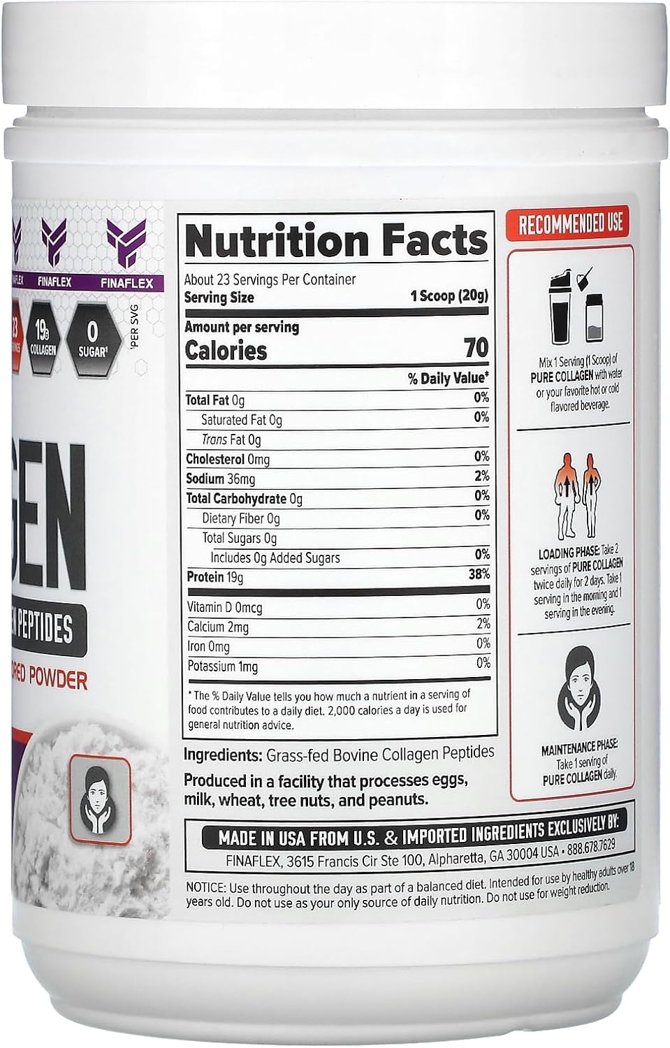 FINAFLEX Pure Collagen for Hair, Skin, Nails & Joints, Unflavored (1 lb, 23 Servings)