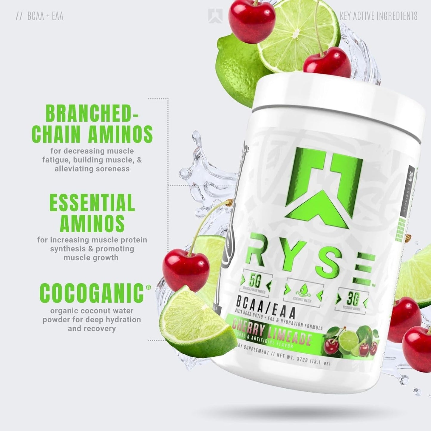 RYSE Up Core Series BCAA+EAA for Recovery & Hydration (30 Servings, Cherry Limeade)