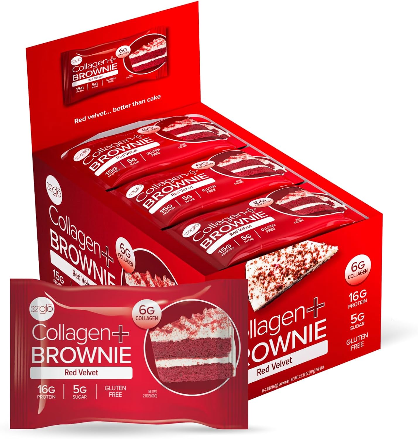 321glo Collagen Protein Brownie - Gluten Free Keto Snack (12 Pack, Red Velvet)