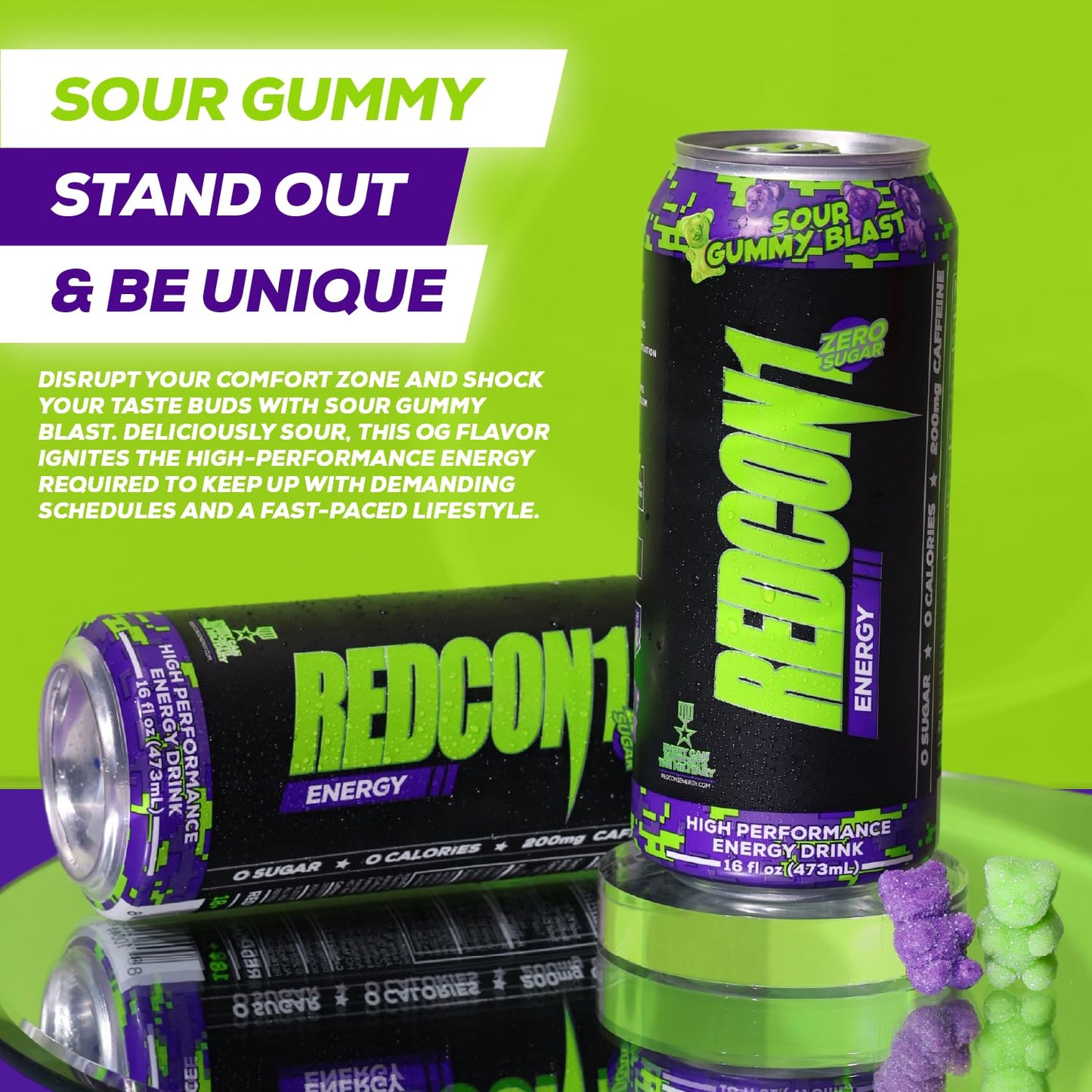 REDCON1 Sour Gummy Blast Energy Drink - Zero Sugar, 200mg Caffeine (12 ct)