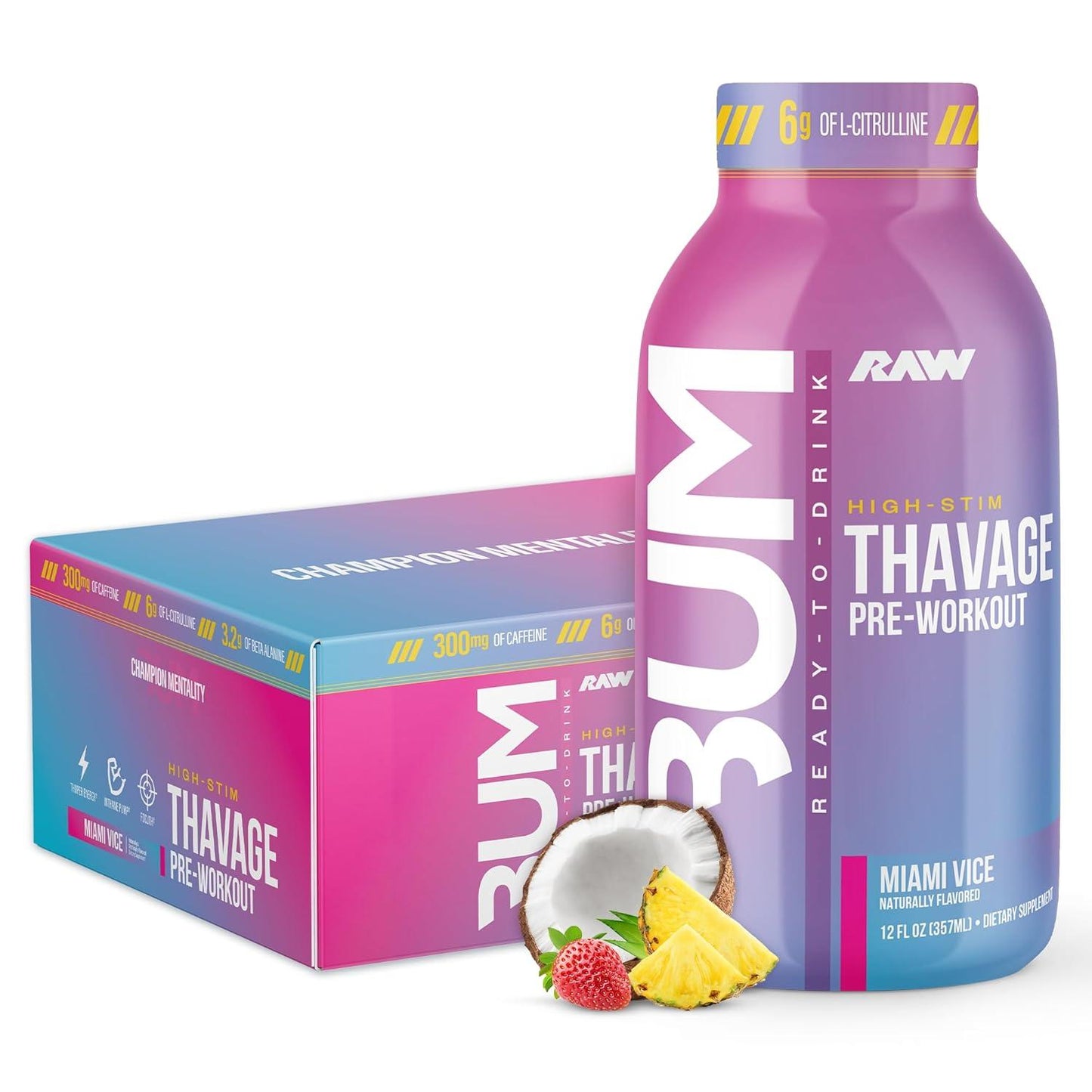 RAW Thavage Pre-Workout RTD - Zero Sugar, Beta Alanine & Caffeine (12 Pack, Miami Vice)