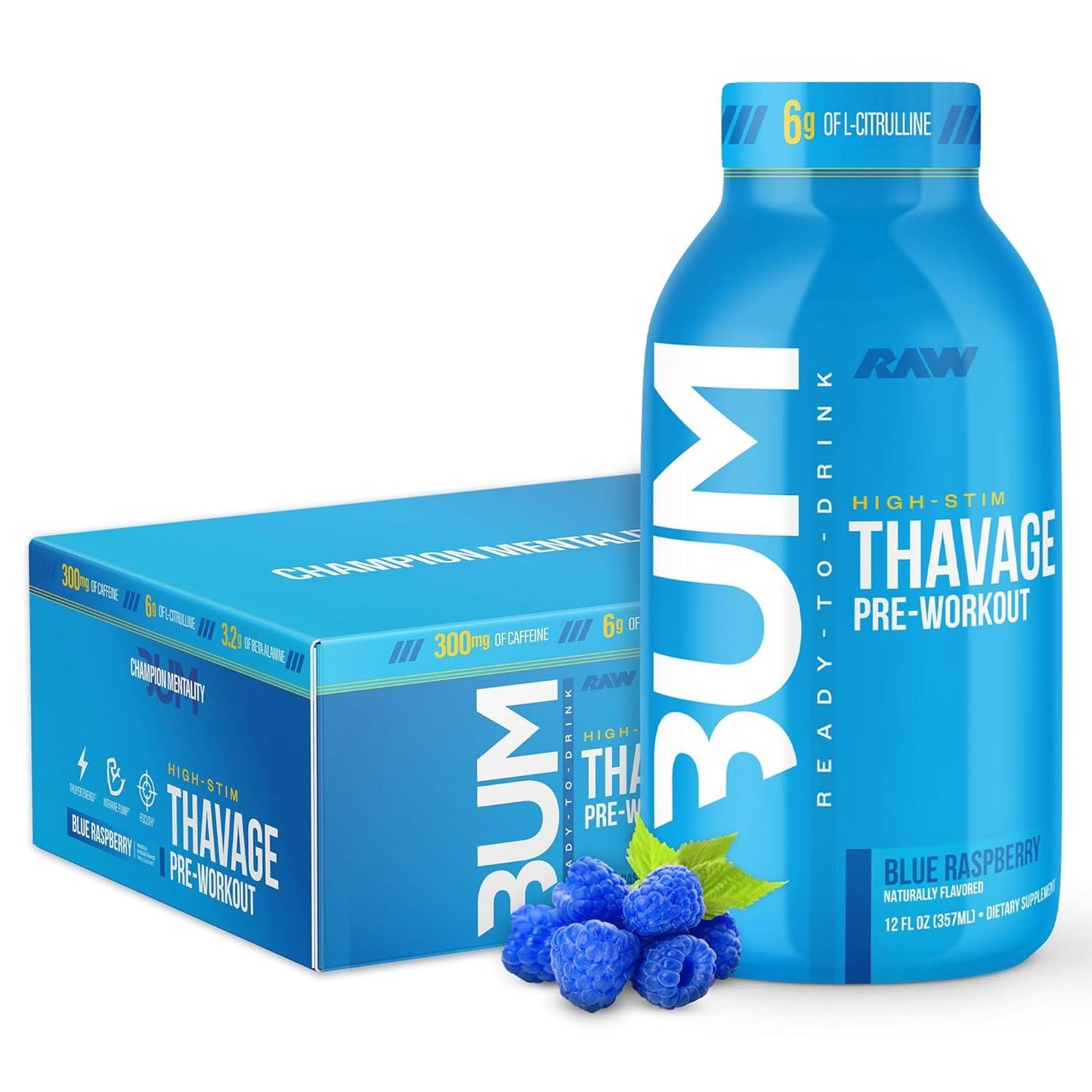 RAW Thavage Pre-Workout RTD - Zero Sugar, Blue Raspberry (12 Pack)