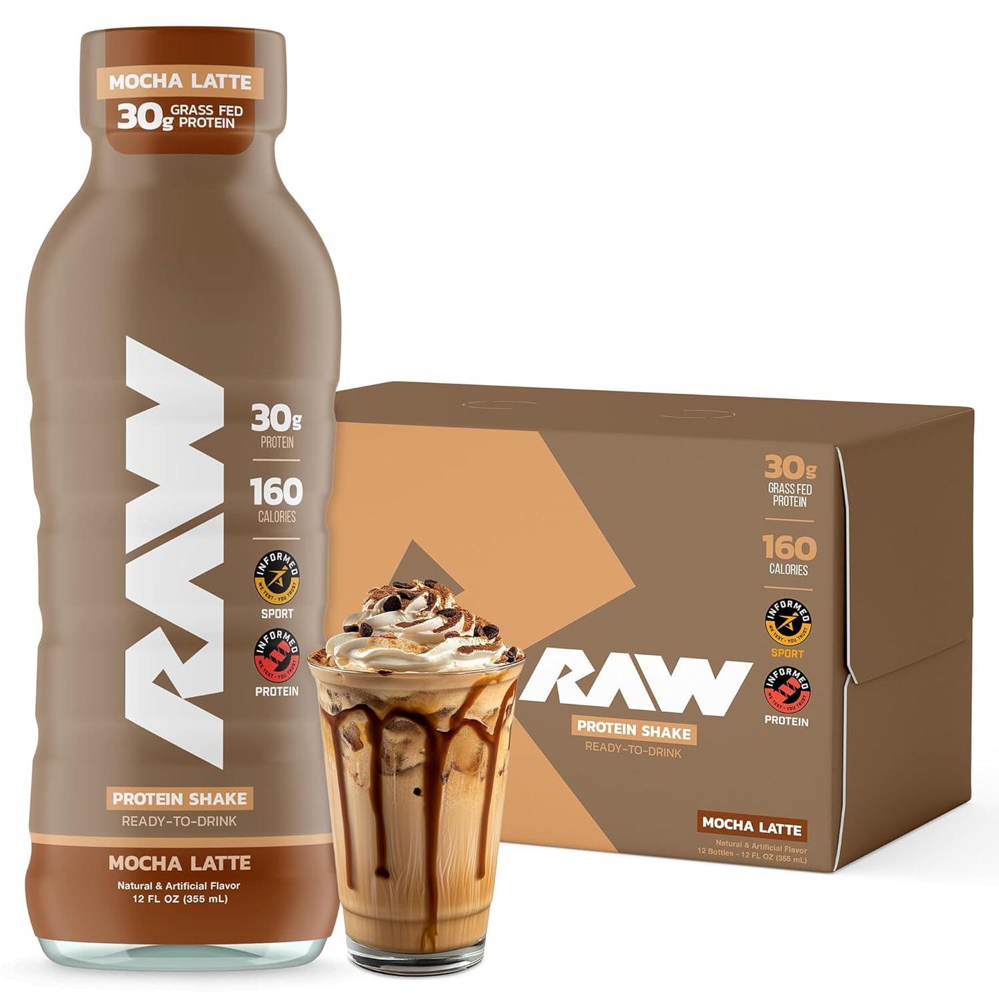 RAW Mocha Latte Protein Shake, Grass-Fed Whey, Zero-Sugar, Gluten-Free (12oz)