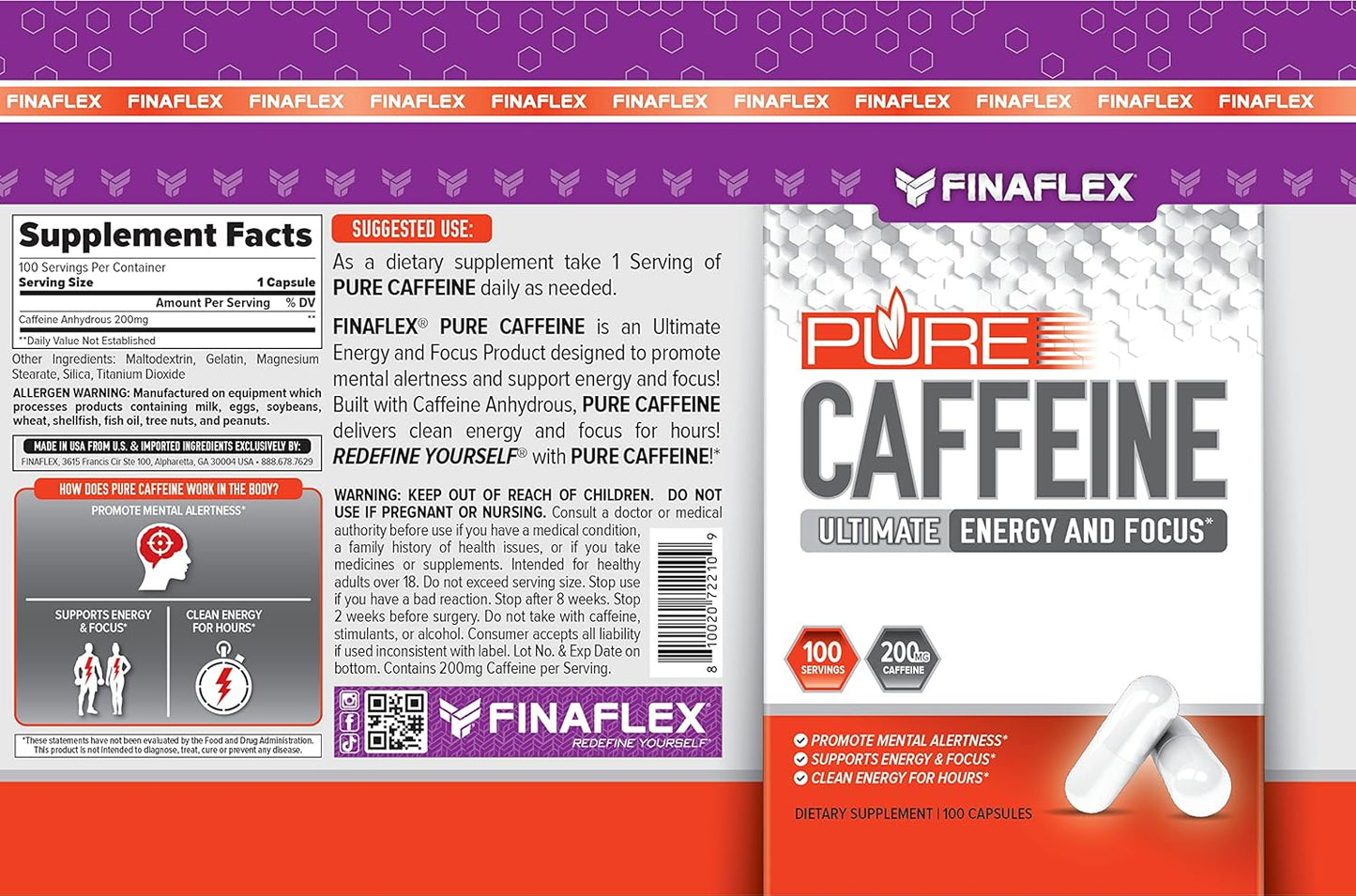 FINAFLEX Pure Caffeine for Mental Alertness & Energy (100 Capsules/100 Servings)