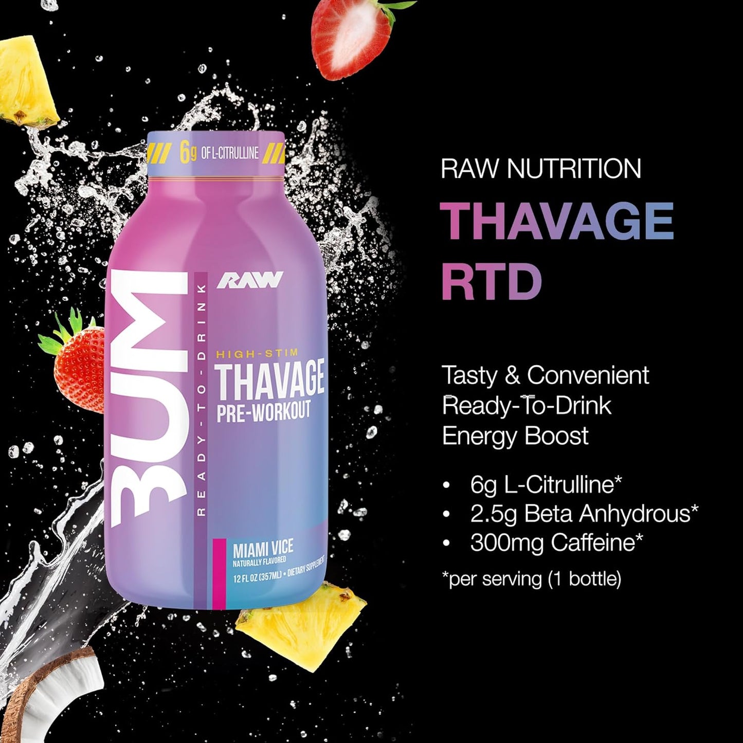 RAW Thavage Pre-Workout RTD - Zero Sugar, Beta Alanine & Caffeine (12 Pack, Miami Vice)