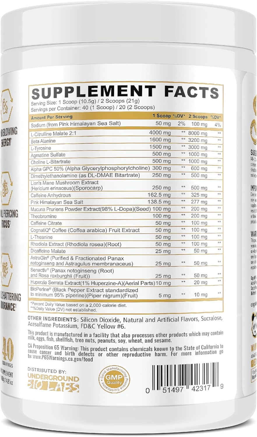 Skull Nootropic Pre-Workout, 403mg Caffeine for Focus & Energy (40 Scoops) (Lemon Blueberry Pineapple)