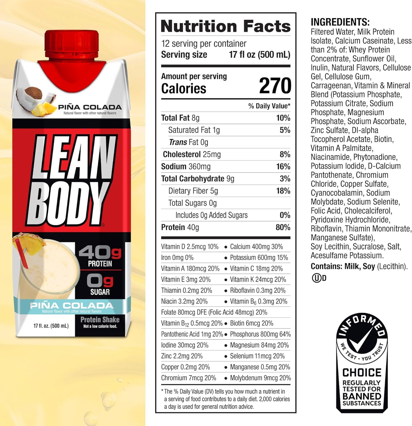 Pina Colada Lean Body Protein Shake, 0 Sugar, Gluten Free (40g, 17oz, Pack of 12)