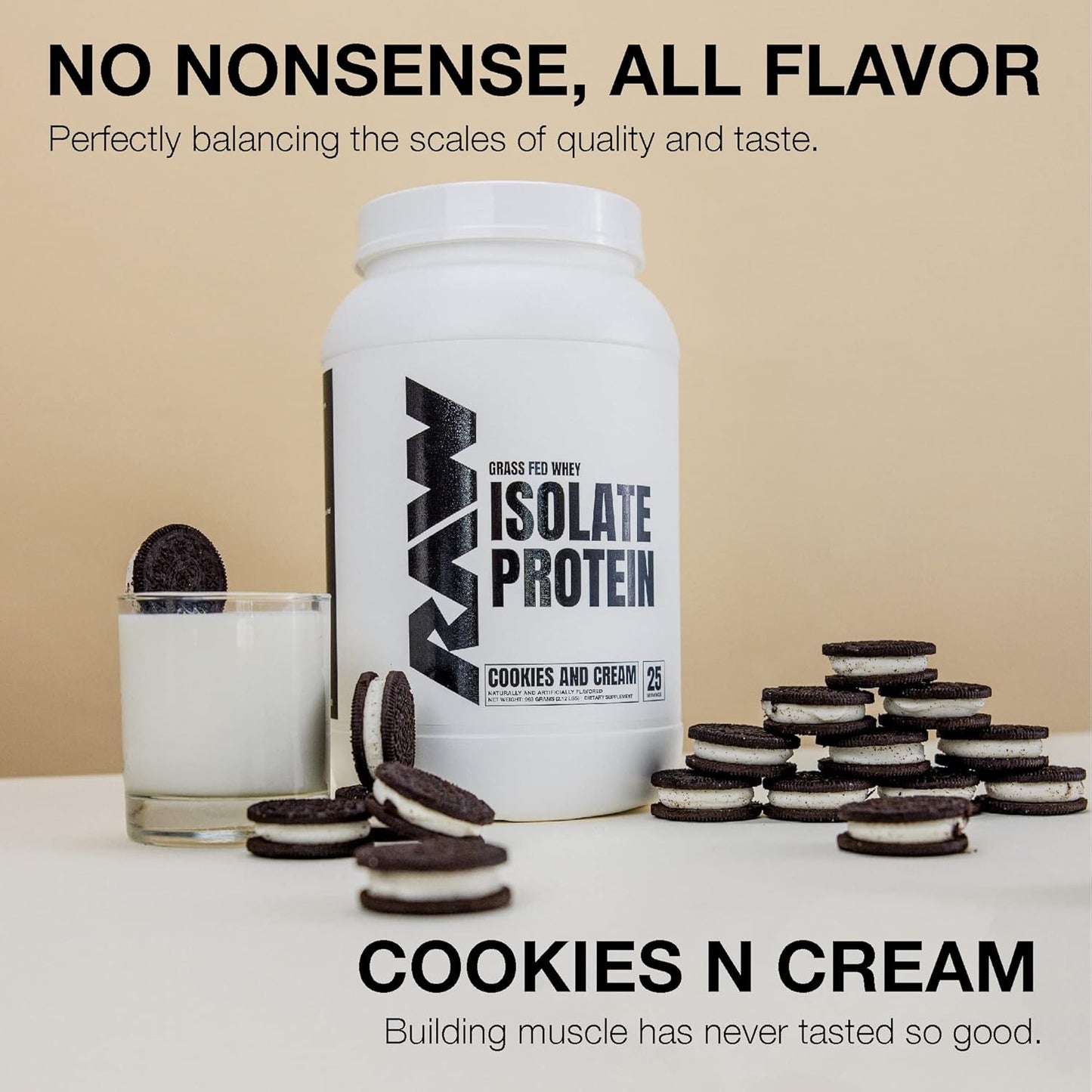 RAW Grass-Fed Whey Isolate, Cookies N Cream, Low-Fat/Carb (25 Servings)
