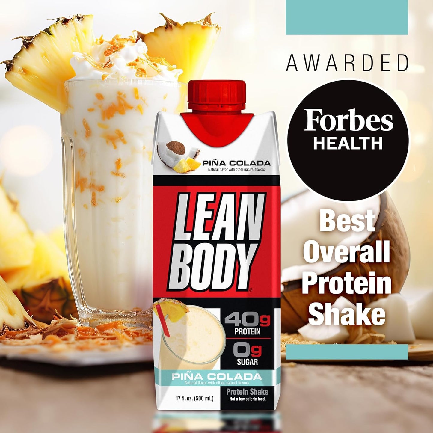 Pina Colada Lean Body Protein Shake, 0 Sugar, Gluten Free (40g, 17oz, Pack of 12)