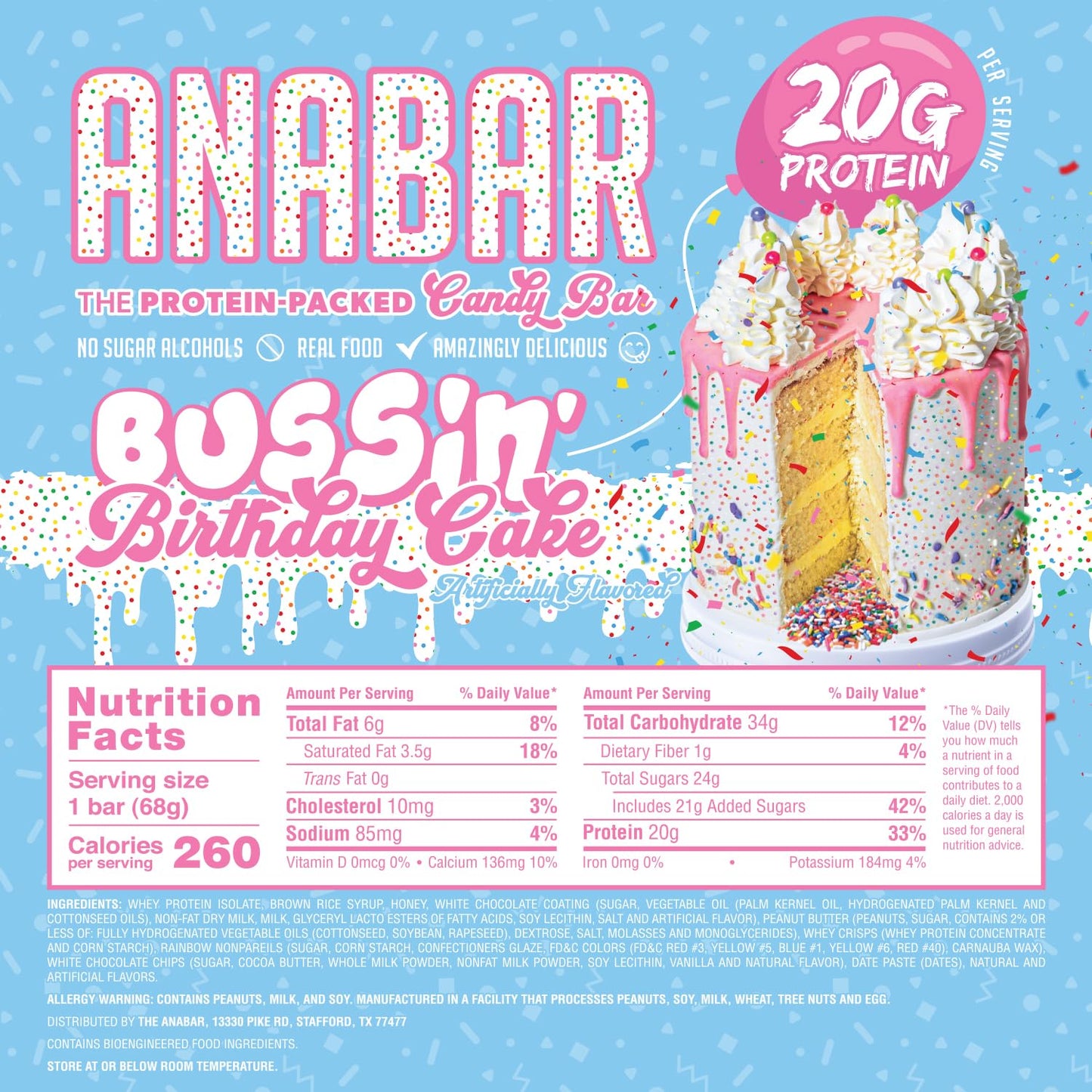 Anabar Protein Bar, 20g Protein, No Sugar Alcohols, Birthday Cake (12 Bars)
