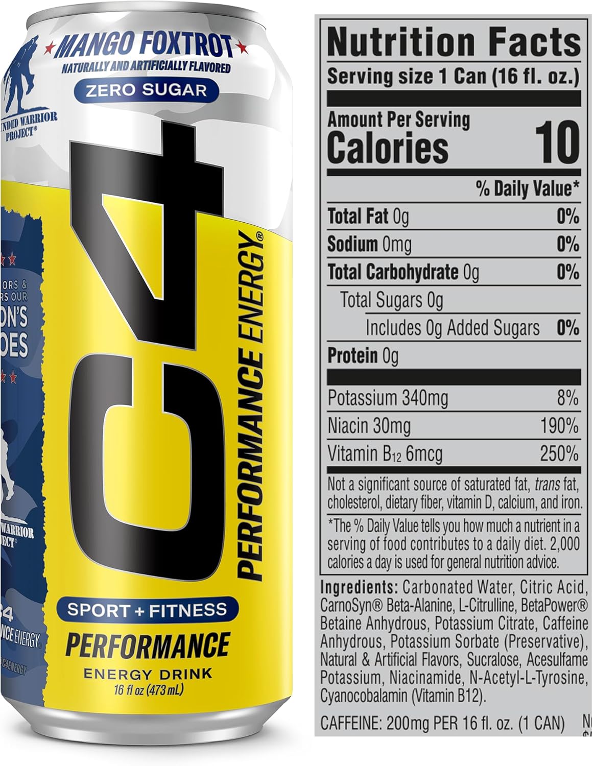 Cellucor C4 Mango Foxtrot Energy Drink, Zero Sugar, 200mg Caffeine (16oz, 12 Pack)