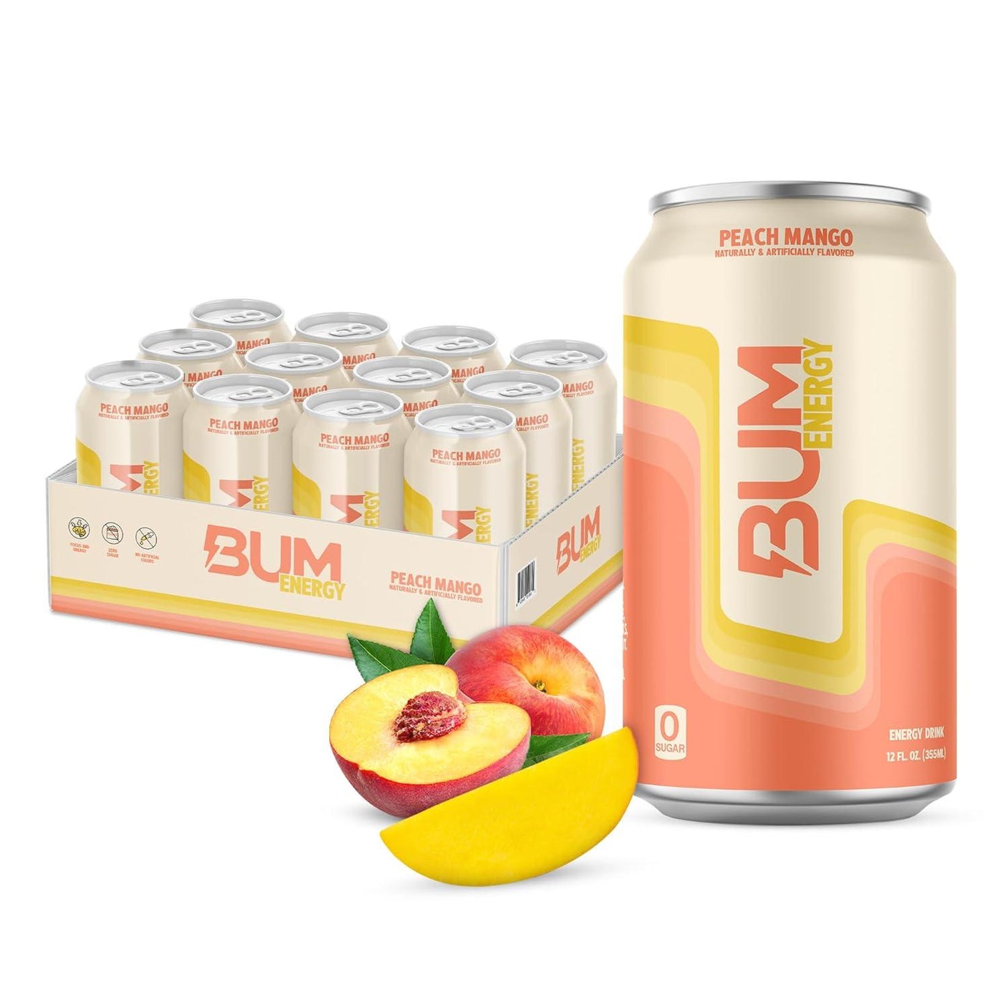 BUM Peach Mango Sugar-Free Energy Drink (12 oz, Pack of 12)