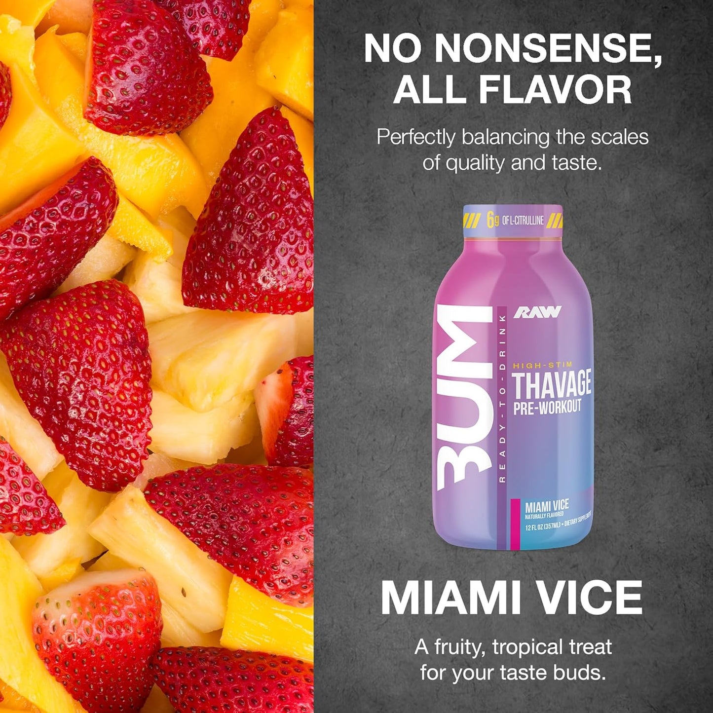 RAW Thavage Pre-Workout RTD - Zero Sugar, Beta Alanine & Caffeine (12 Pack, Miami Vice)