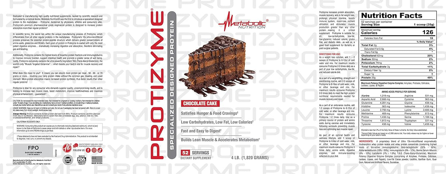 Protizyme 100% Whey Protein, Low Carb/Fat, with Enzymes & Vitamins (4lb, 52 Servings)