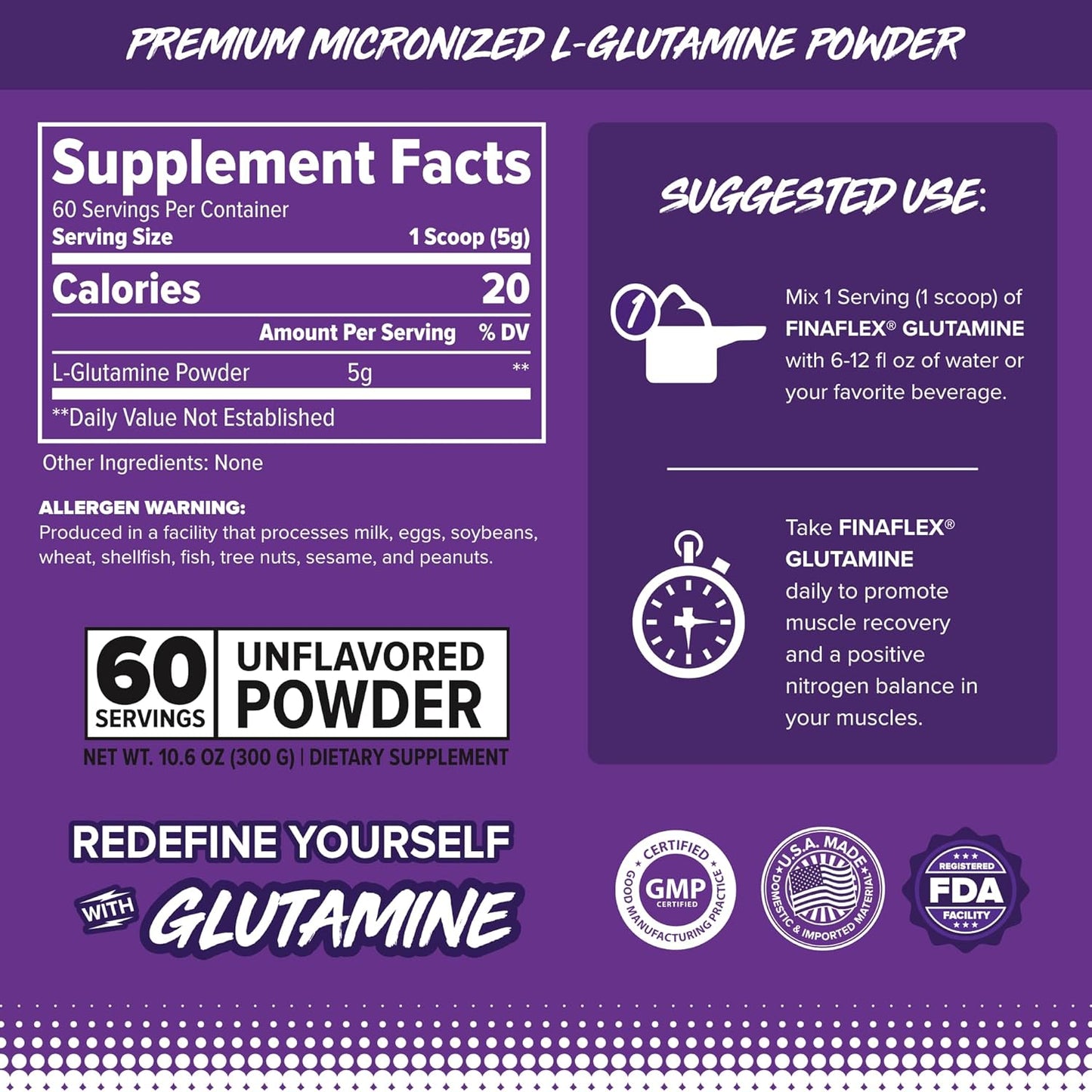 FINAFLEX Pure L-Glutamine, Unflavored Muscle Recovery Powder (10.6 oz, 60 Servings)